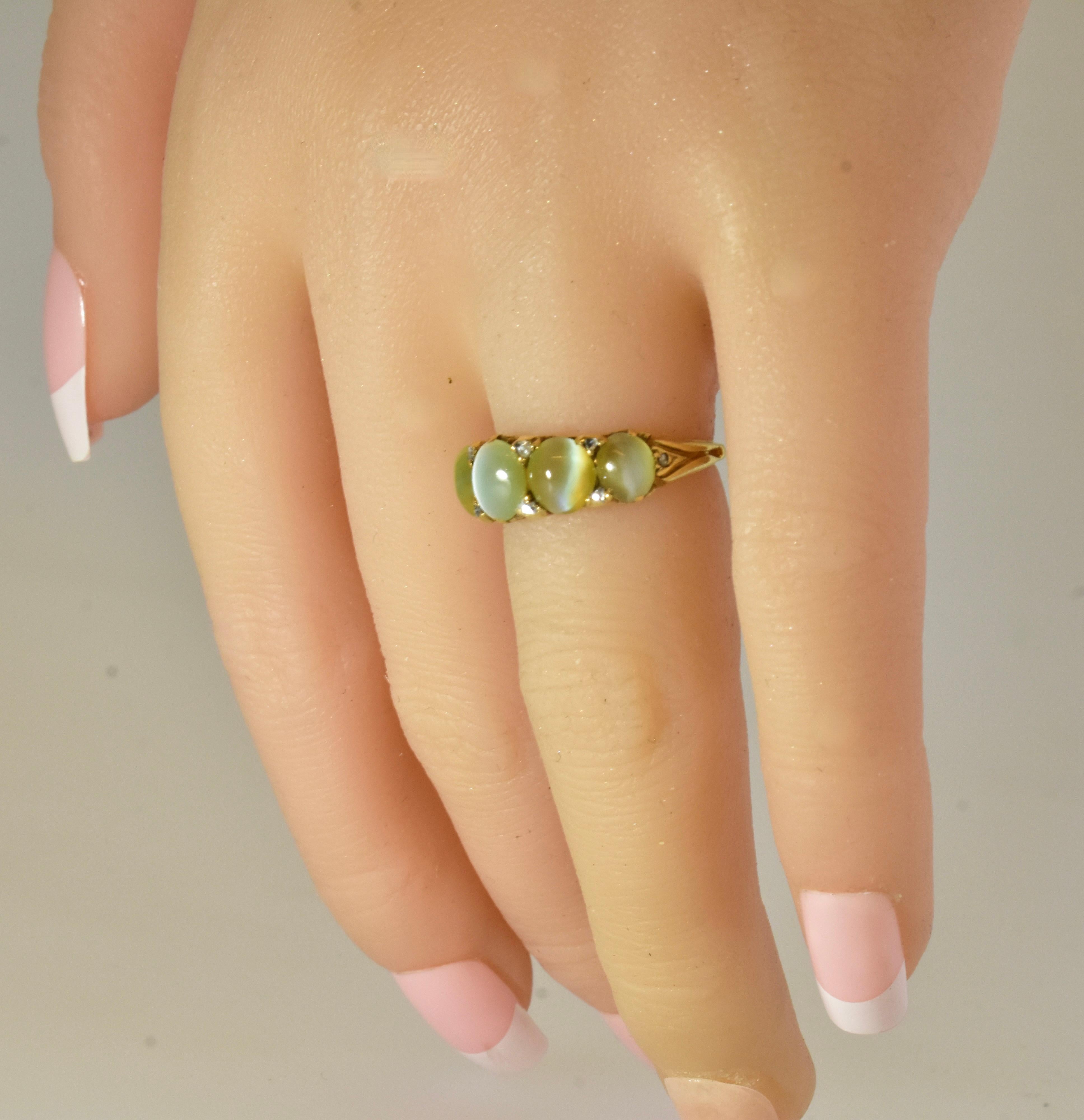 Antique 18K Ring with Fine and Rare Natural Cat's Eye Chrysoberyls circa 1880  In Excellent Condition For Sale In Aspen, CO