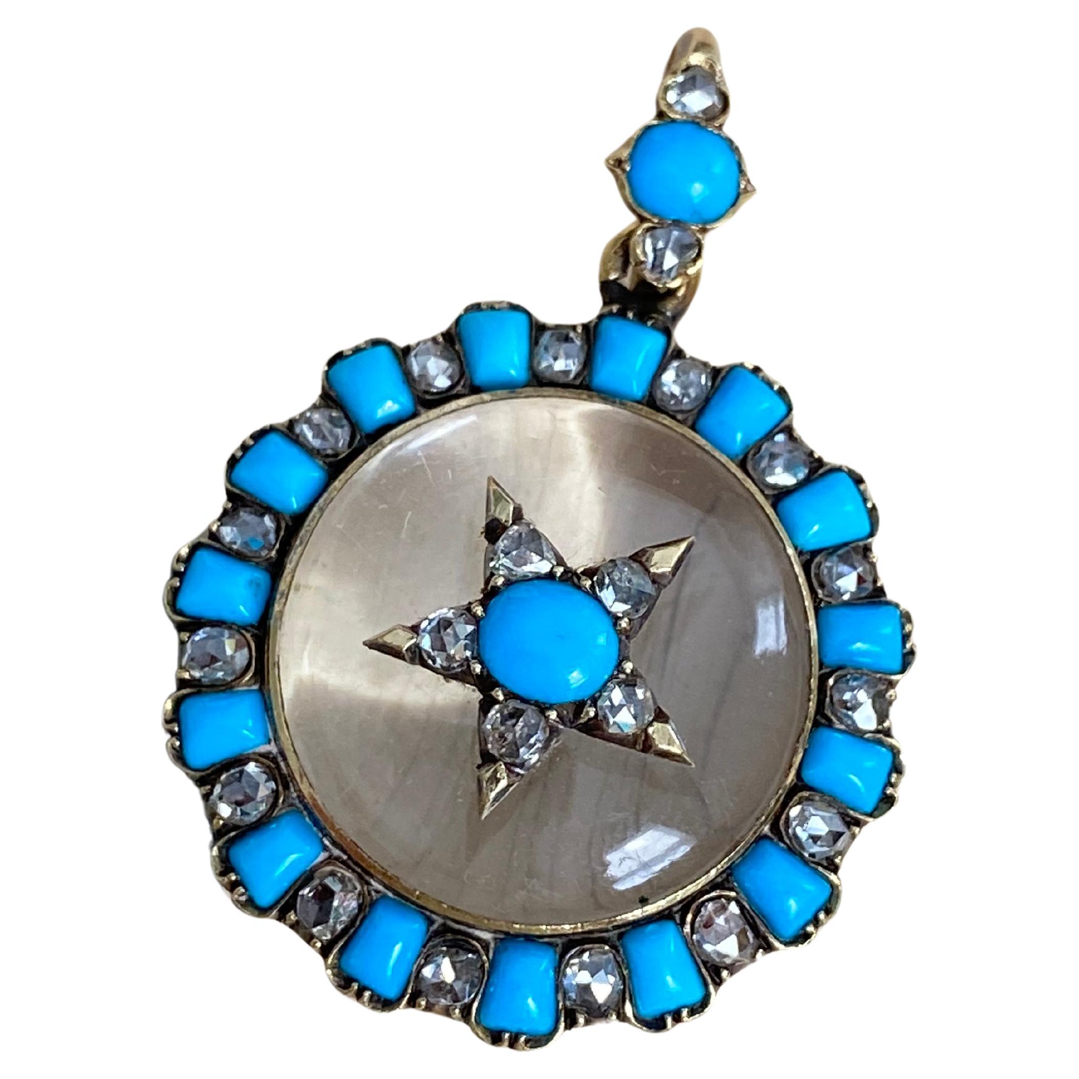Antique 18K Rock Crystal, Turquoise and Diamond Star Locket Pendant For Sale