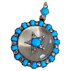 Antique 18K Rock Crystal, Turquoise and Diamond Star Locket Pendant