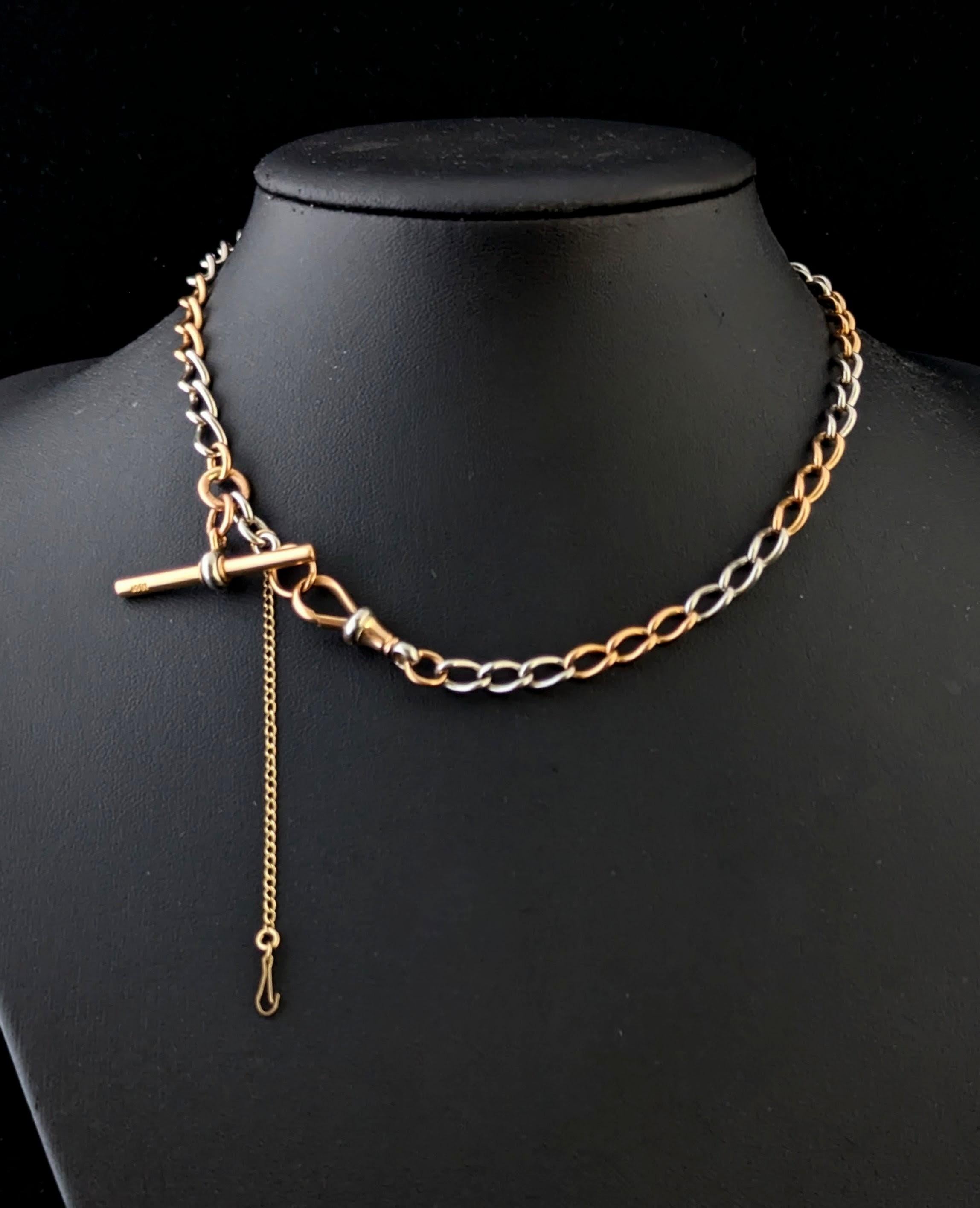 Antique 18k Rose gold and Platinum Albert chain, watch chain necklace For Sale 9