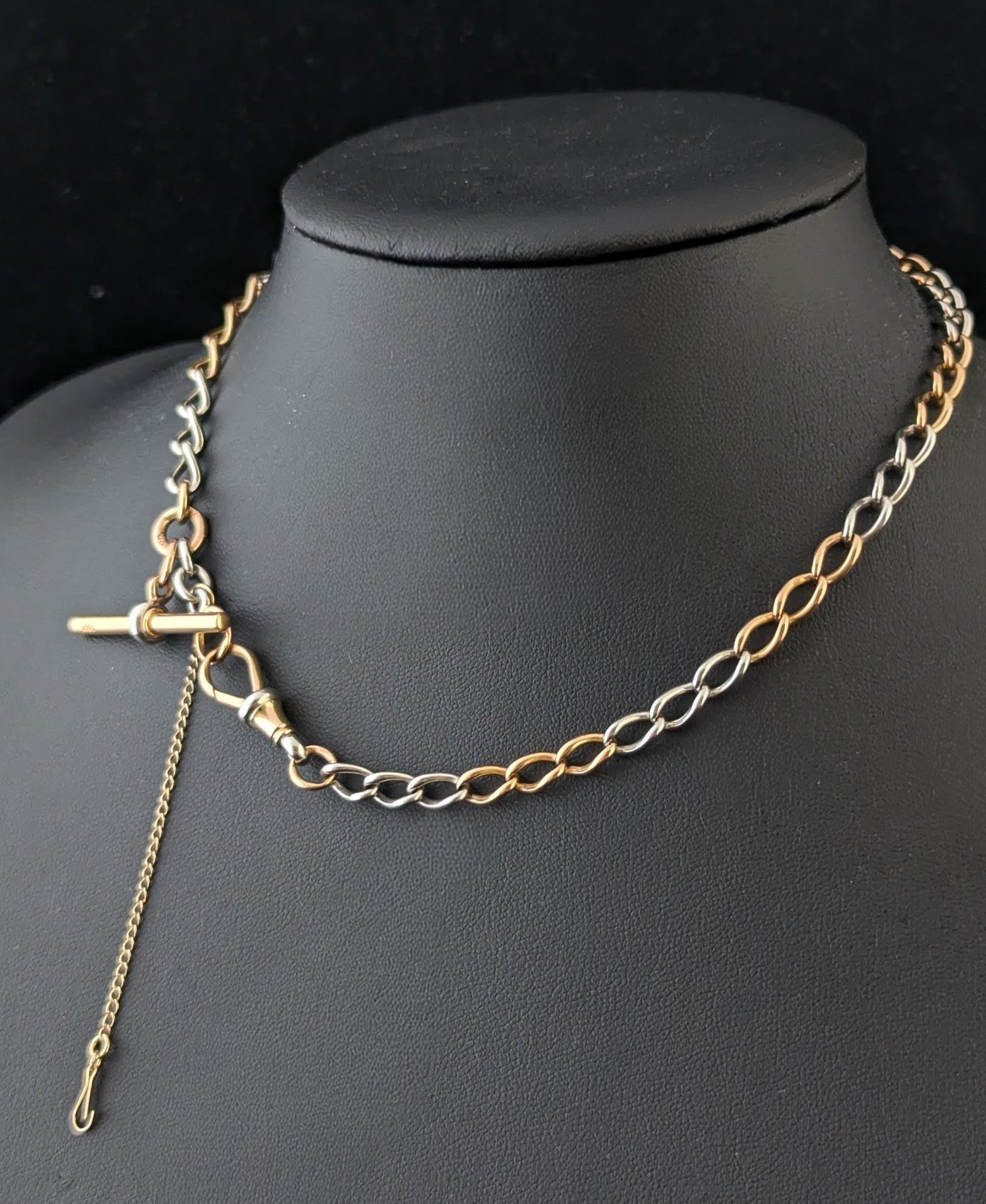Edwardian Antique 18k Rose gold and Platinum Albert chain, watch chain necklace For Sale