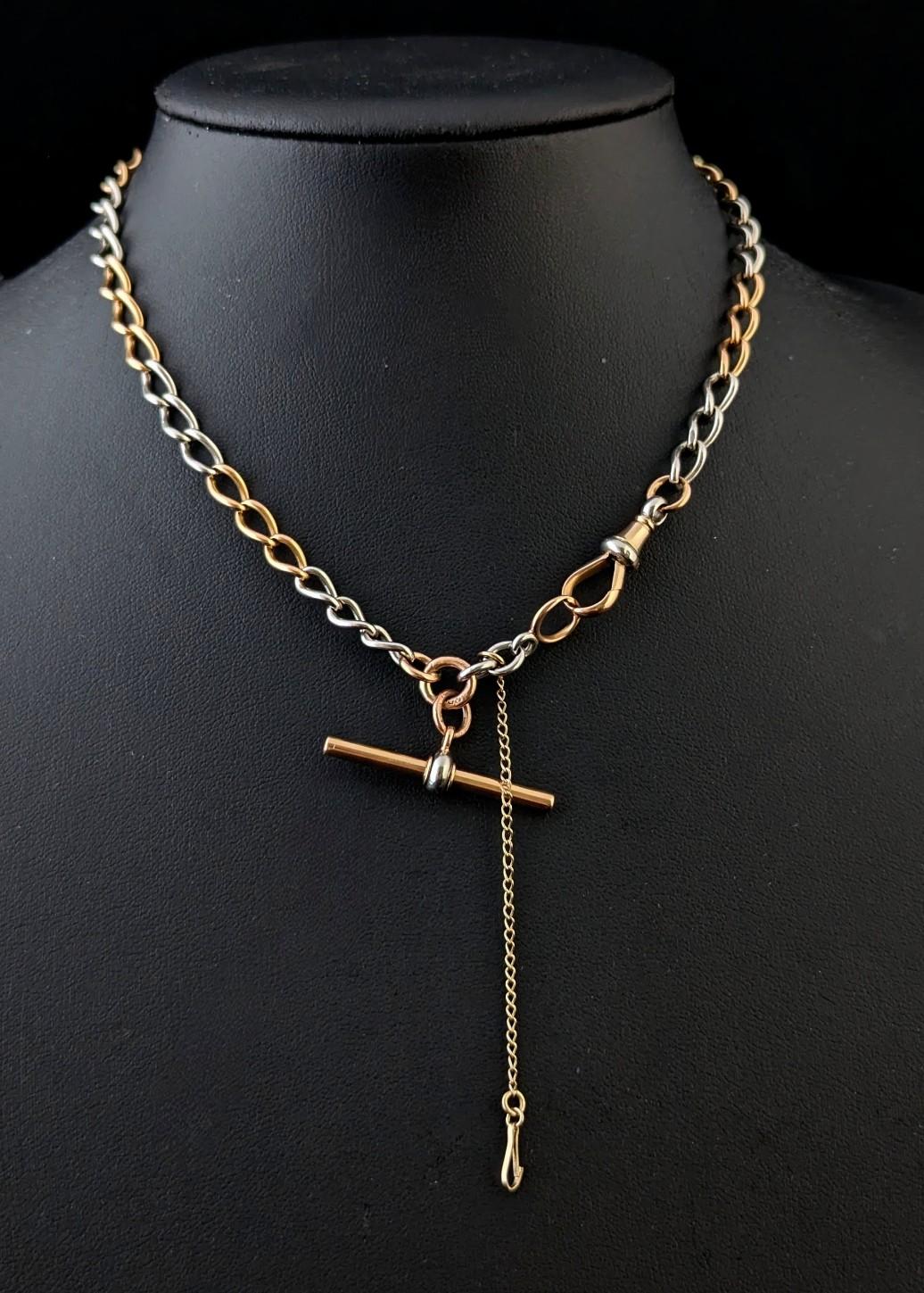 Women's or Men's Antique 18k Rose gold and Platinum Albert chain, watch chain necklace For Sale