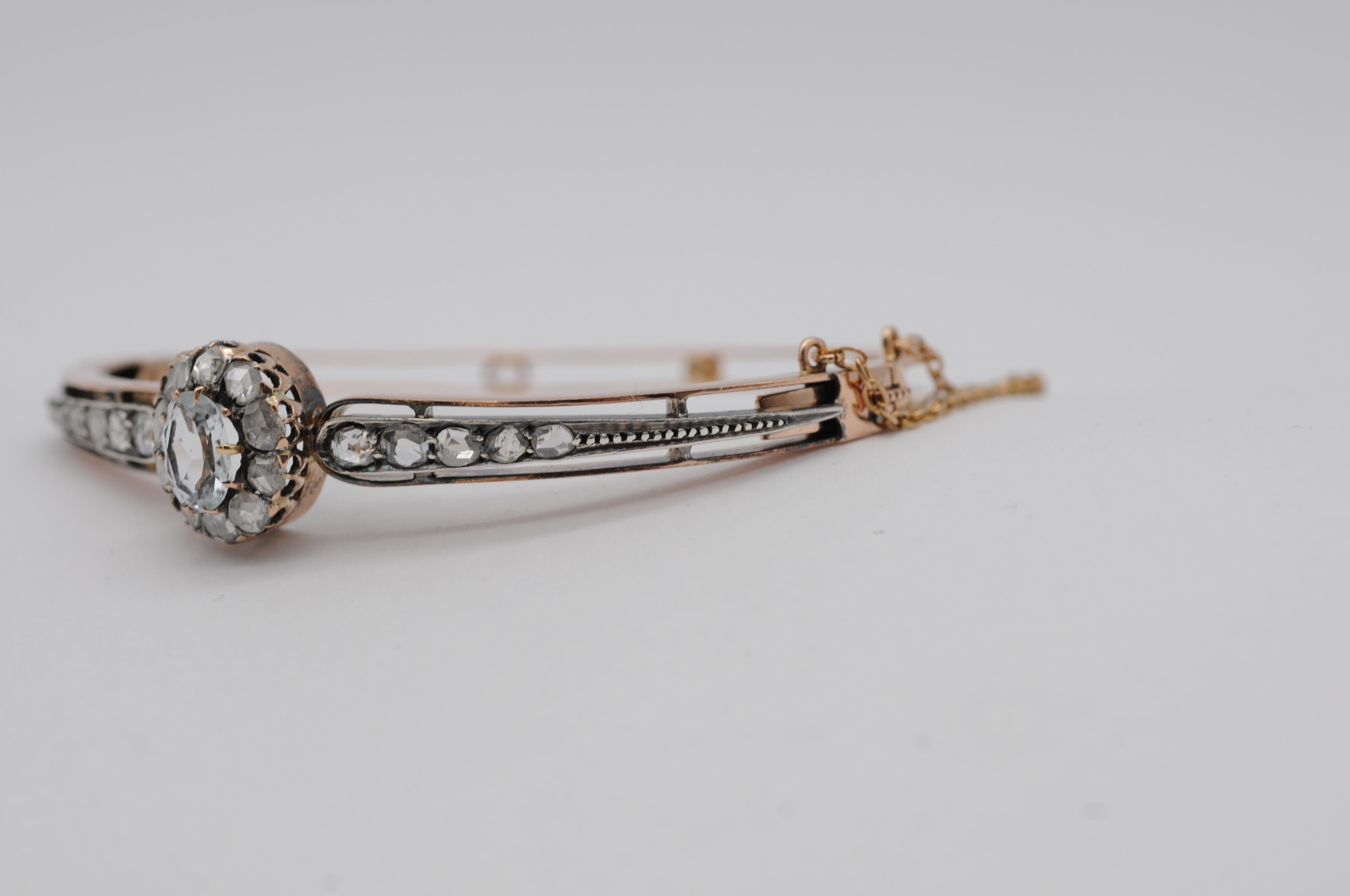 Bracelet ancien en or rose 18 carats avec aigue-marine de taille ancienne et diamants en vente 5