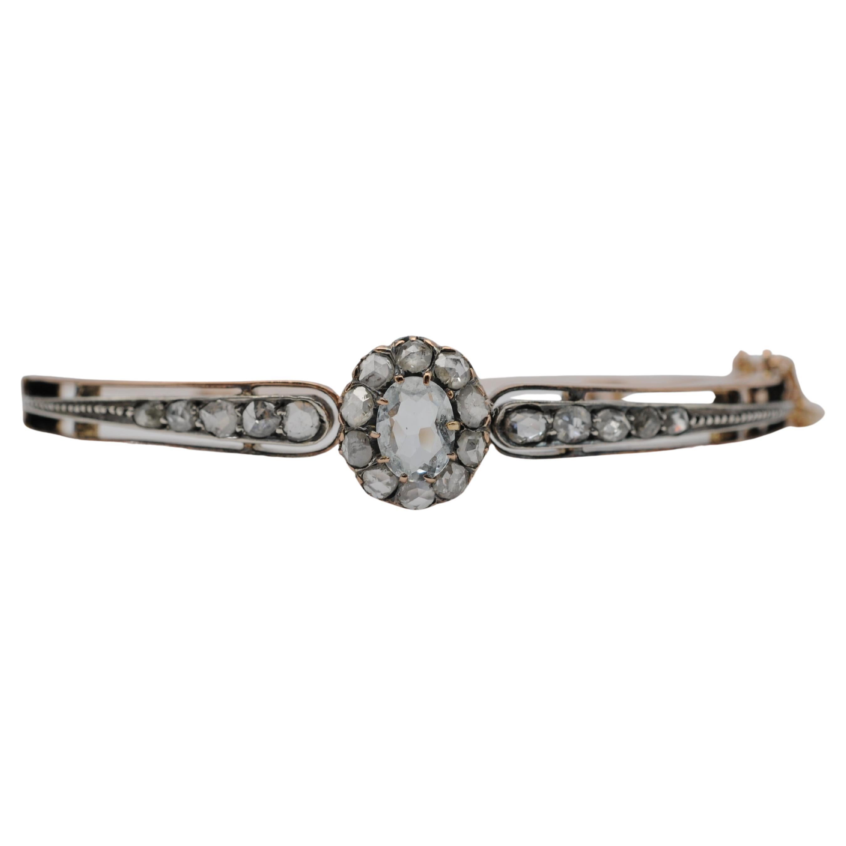 Antique 18k Rose Gold bracelet with Old-Cut Aquamarine and Diamonds