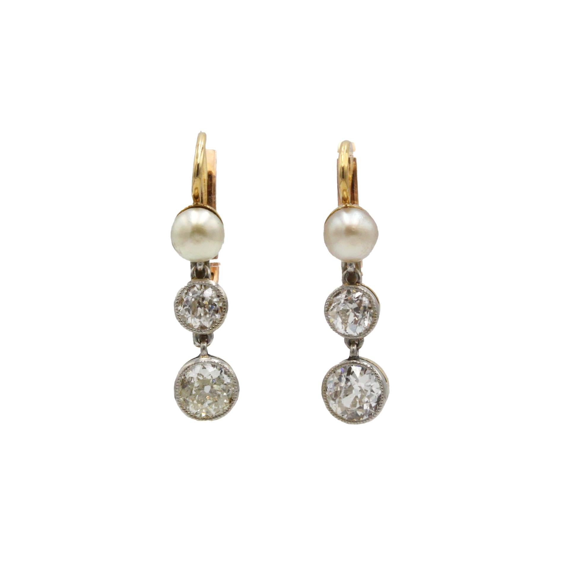 Pendants d'oreilles anciens en or rose 18 carats avec diamants taille ancienne (1,50 ct au total) et poire Pour femmes en vente