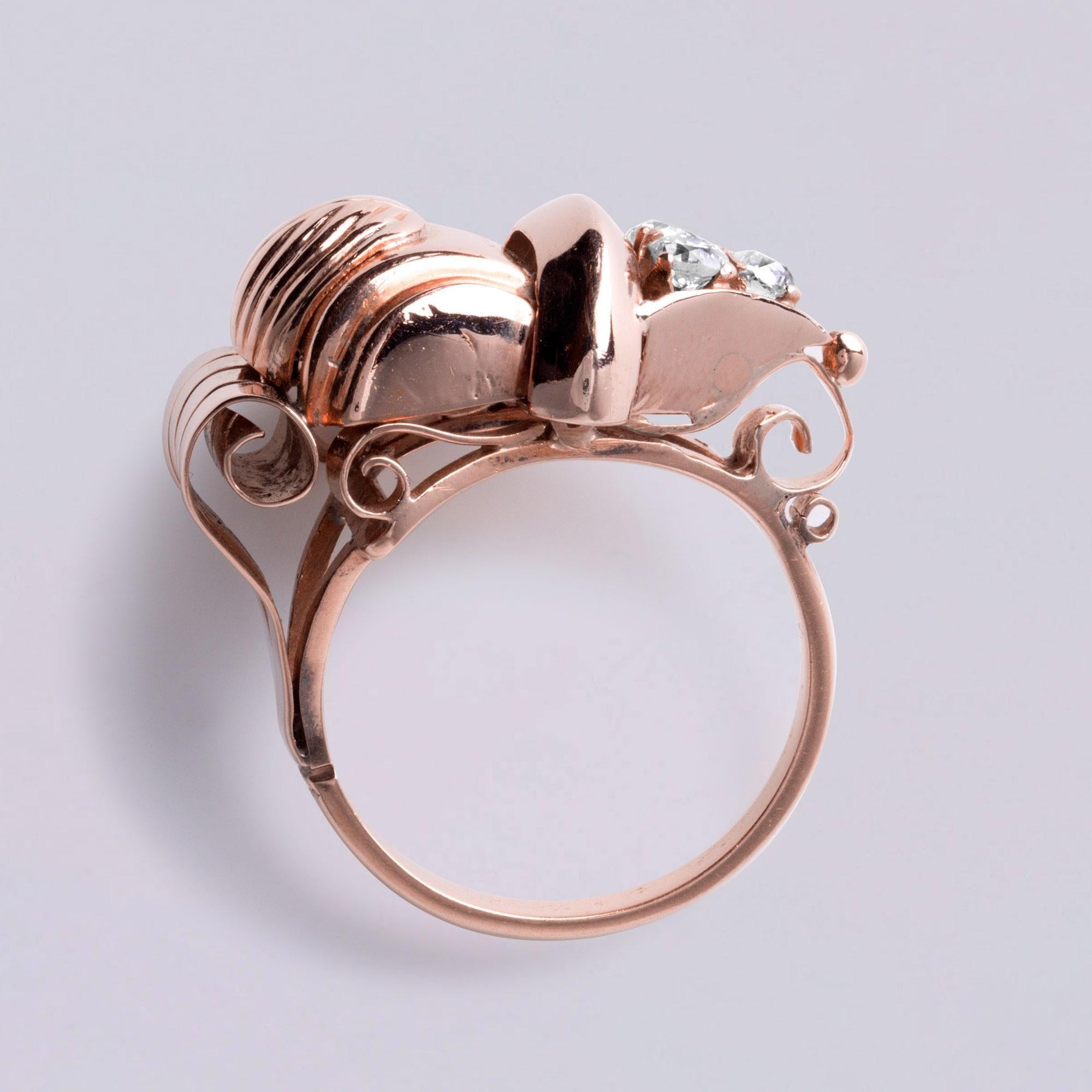 Antiker 18K Rose Gold Old Mine Cut Diamant Statement Ring  Größe 6.5 im Zustand „Gut“ im Angebot in Los Angeles, CA