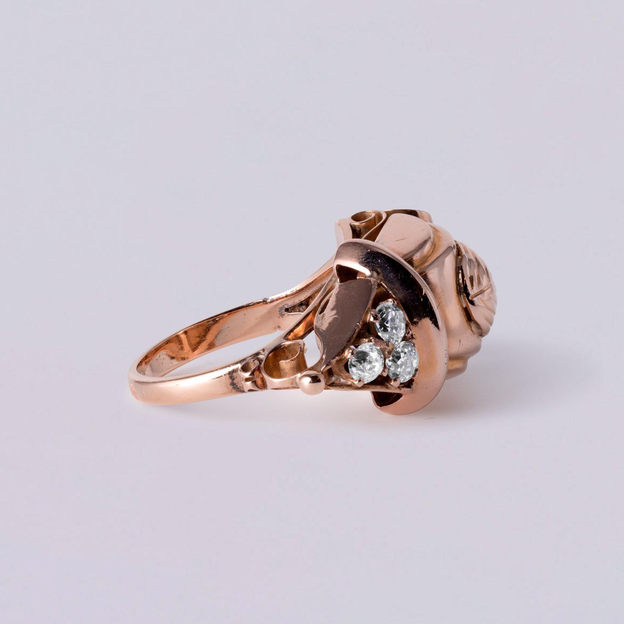 Antiker 18K Rose Gold Old Mine Cut Diamant Statement Ring  Größe 6.5 Damen im Angebot