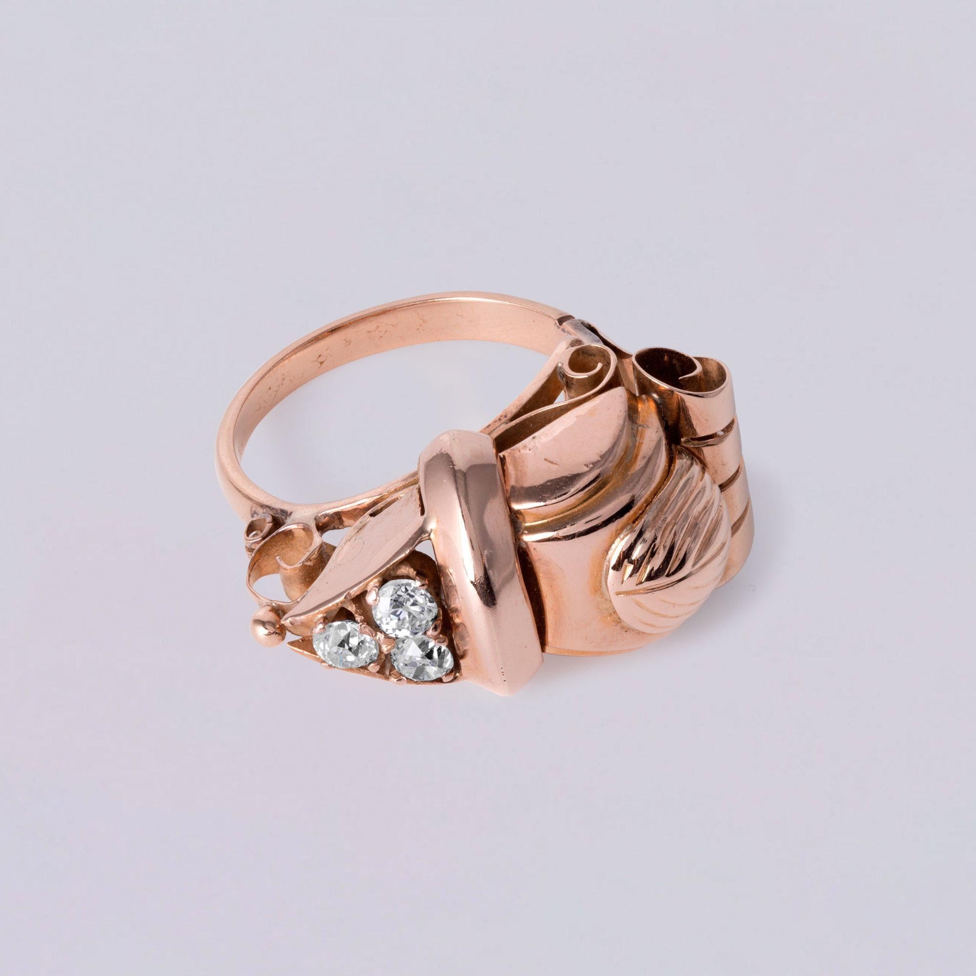 Antiker 18K Rose Gold Old Mine Cut Diamant Statement Ring  Größe 6.5 im Angebot 1