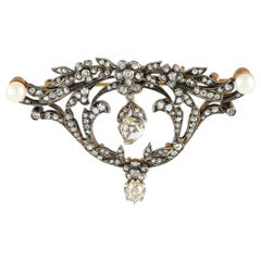 Antique 18K Rose Gold 
Silver 3.0ct Diamond 
Natural Saltwater Pearl Brooch