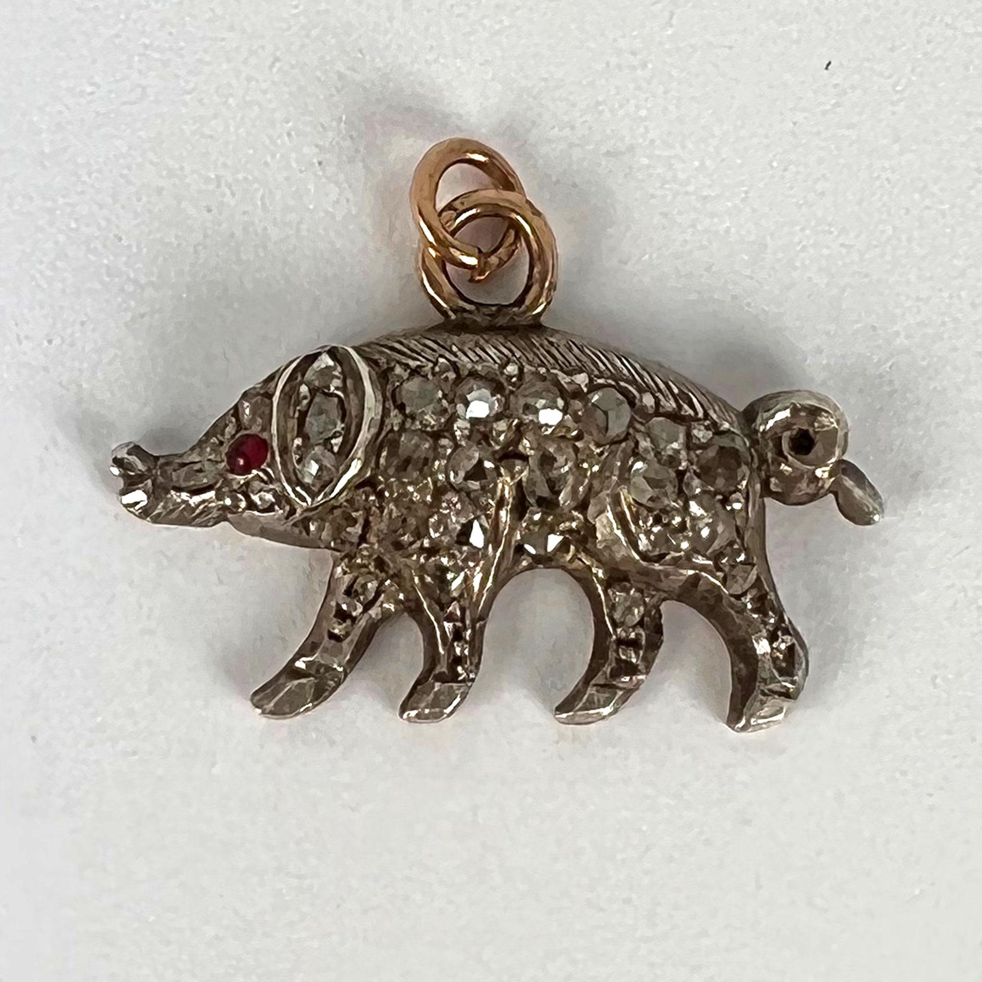 Antique 18K Rose Gold Silver Ruby Diamond Pig Charm Pendant For Sale 1