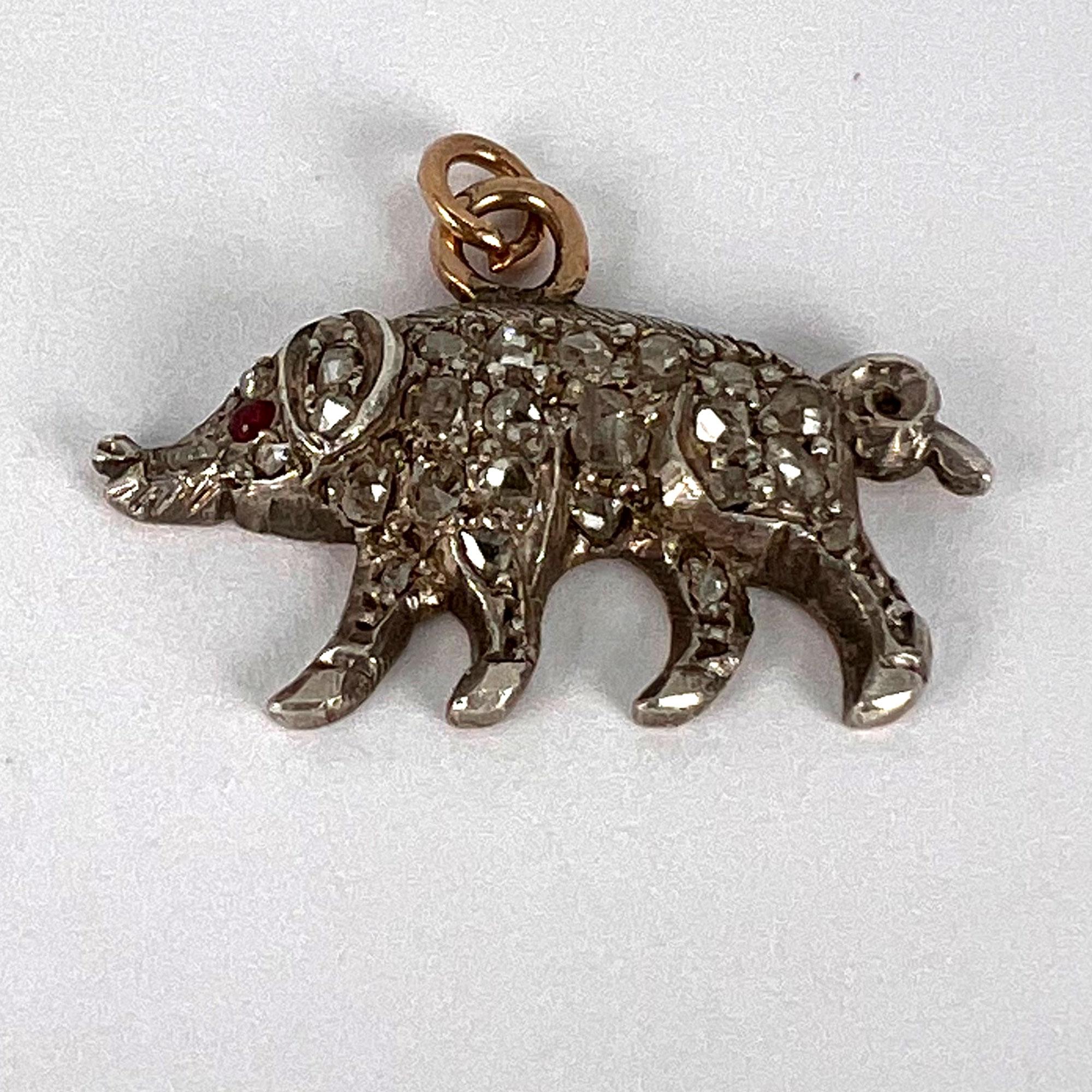 Antique 18K Rose Gold Silver Ruby Diamond Pig Charm Pendant For Sale 2
