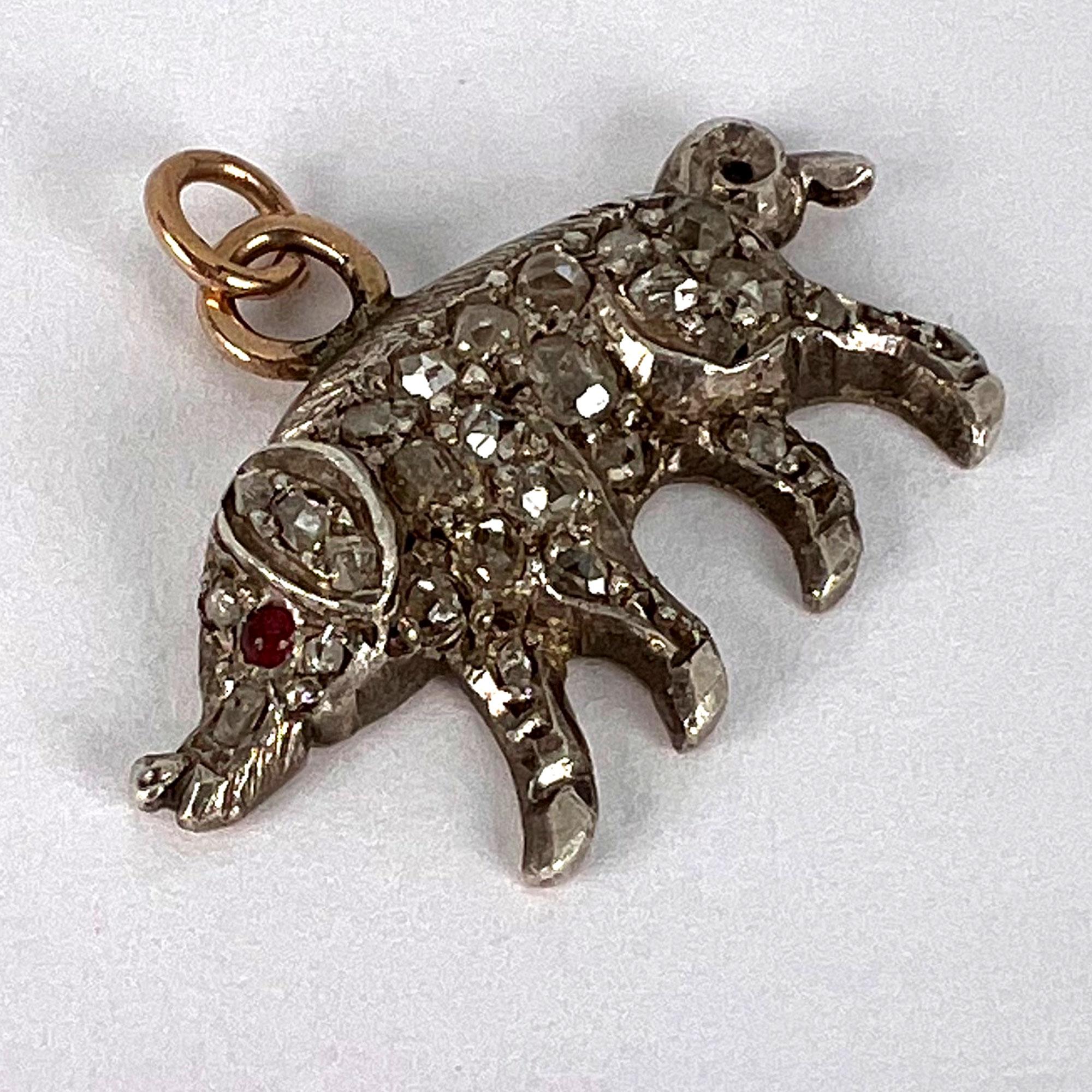 Antique 18K Rose Gold Silver Ruby Diamond Pig Charm Pendant For Sale 3
