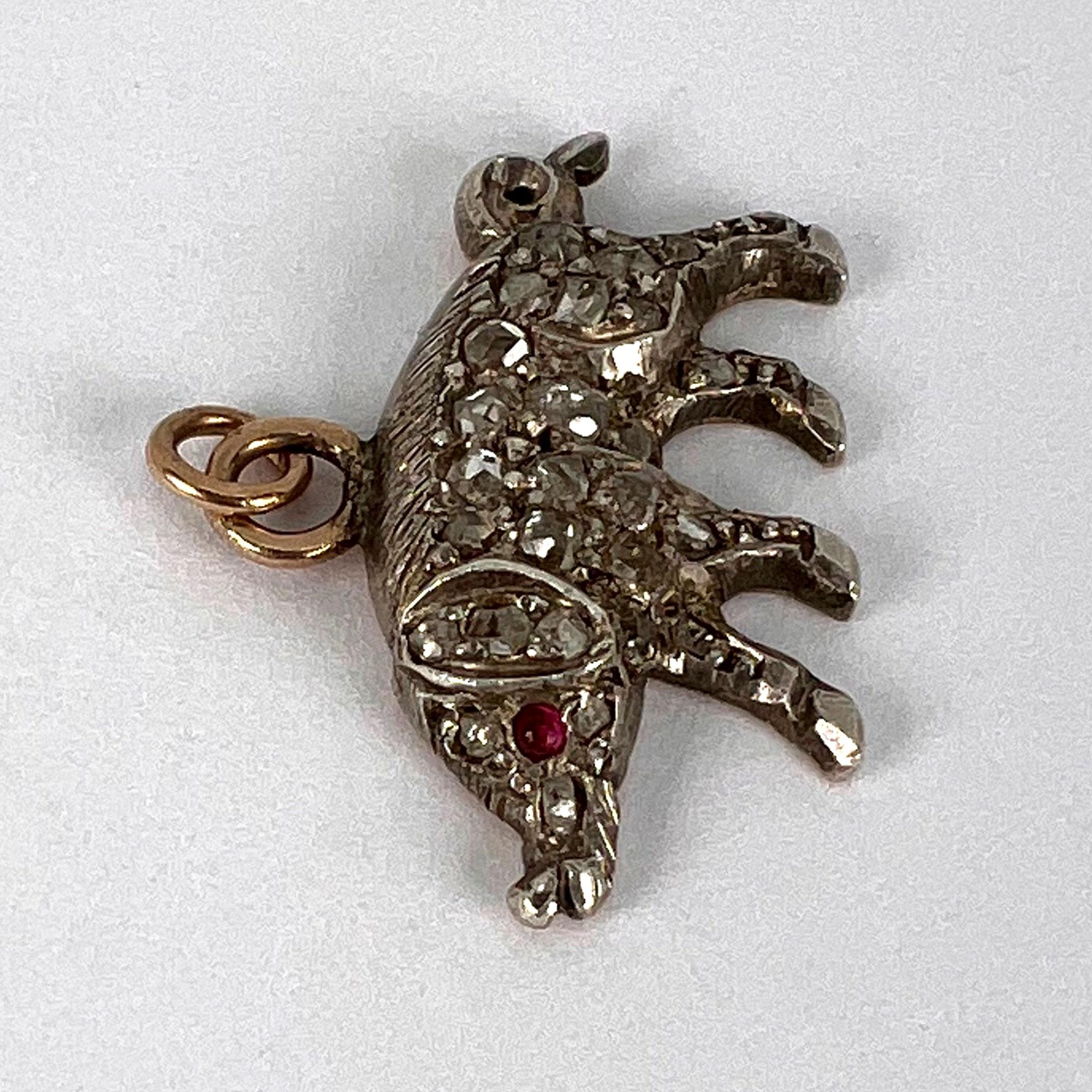 Antique 18K Rose Gold Silver Ruby Diamond Pig Charm Pendant For Sale 4