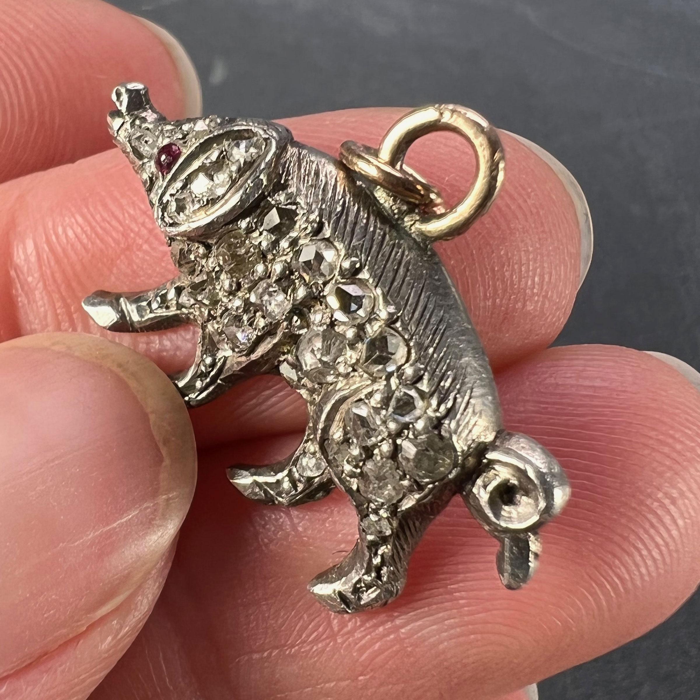 Victorian Antique 18K Rose Gold Silver Ruby Diamond Pig Charm Pendant For Sale