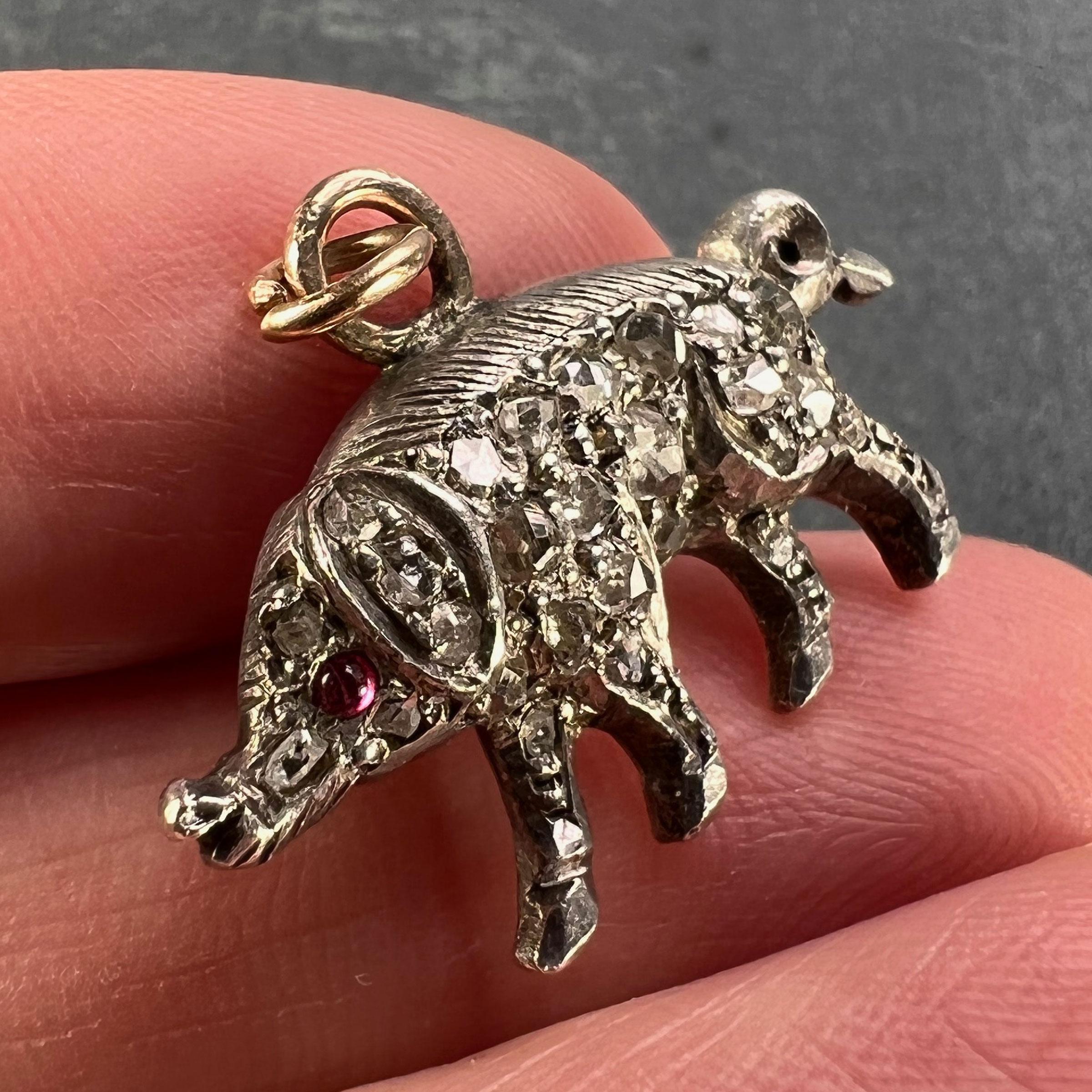 Rose Cut Antique 18K Rose Gold Silver Ruby Diamond Pig Charm Pendant For Sale