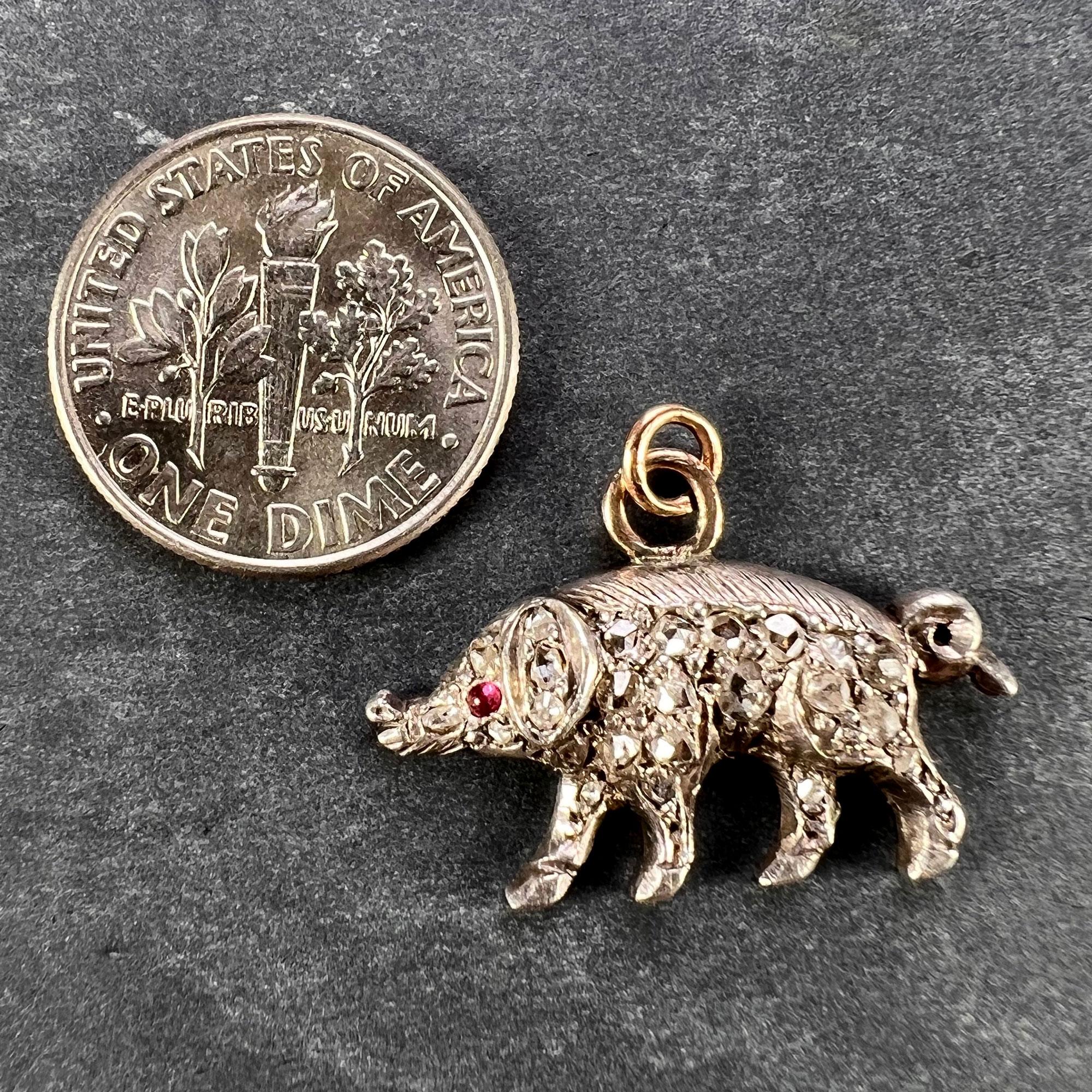 Antique 18K Rose Gold Silver Ruby Diamond Pig Charm Pendant In Good Condition For Sale In London, GB