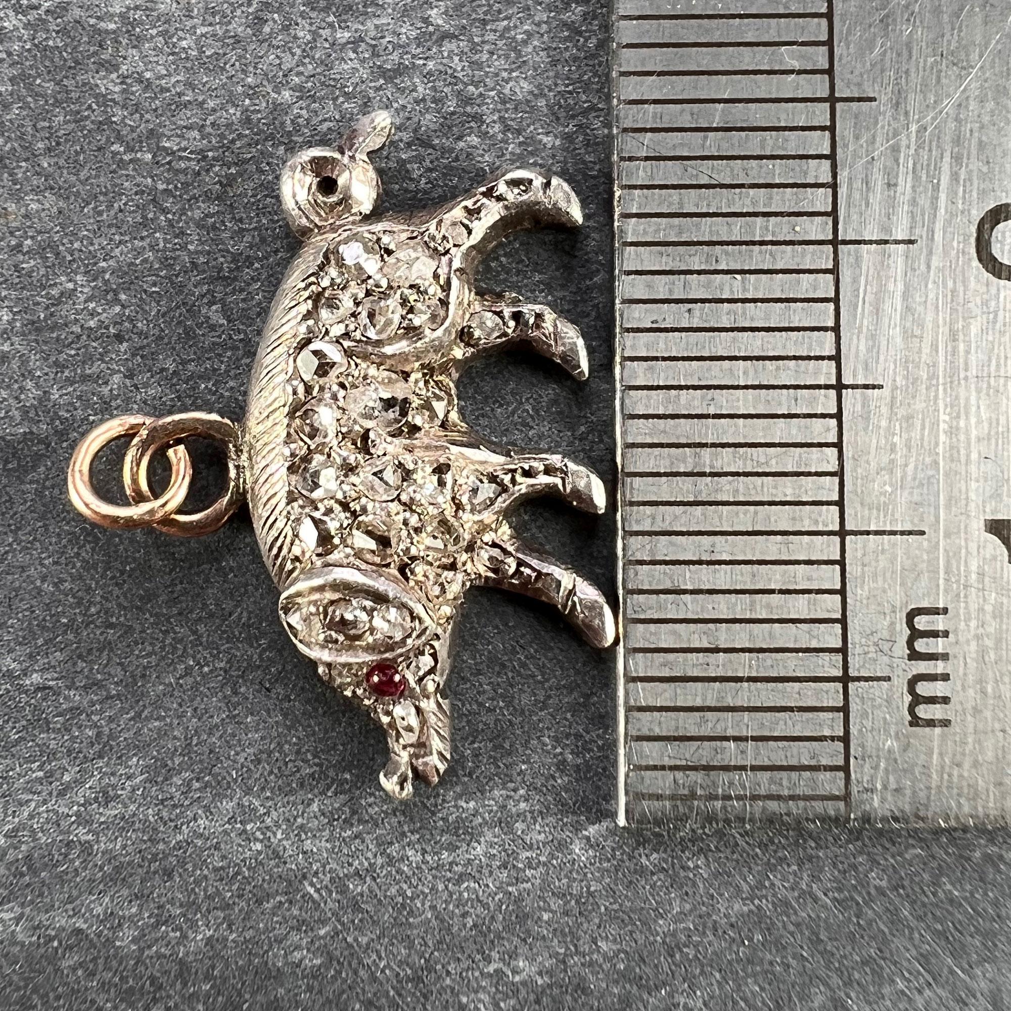 Women's Antique 18K Rose Gold Silver Ruby Diamond Pig Charm Pendant For Sale