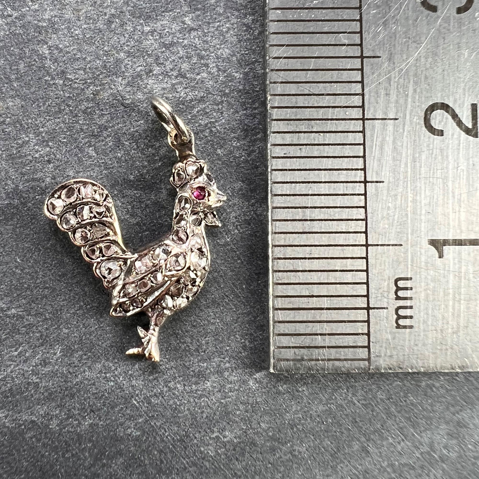 Antique 18K Rose Gold Silver Ruby Diamond Rooster Charm Pendant For Sale 1