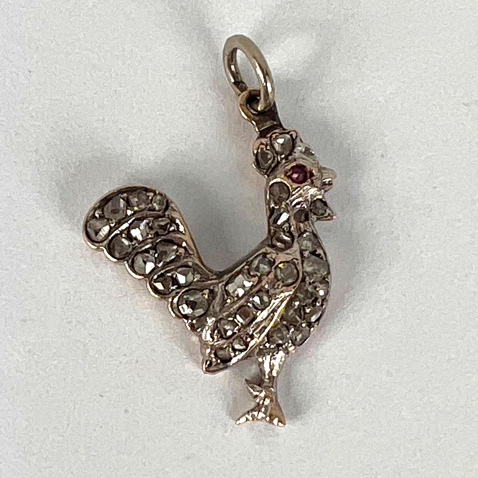 Antique 18K Rose Gold Silver Ruby Diamond Rooster Charm Pendant For Sale 2