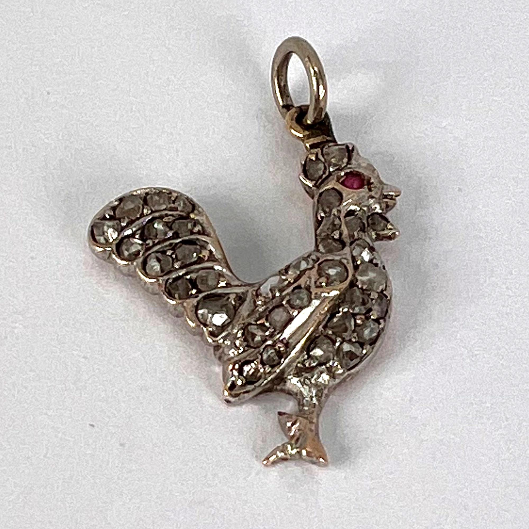 Antique 18K Rose Gold Silver Ruby Diamond Rooster Charm Pendant For Sale 3
