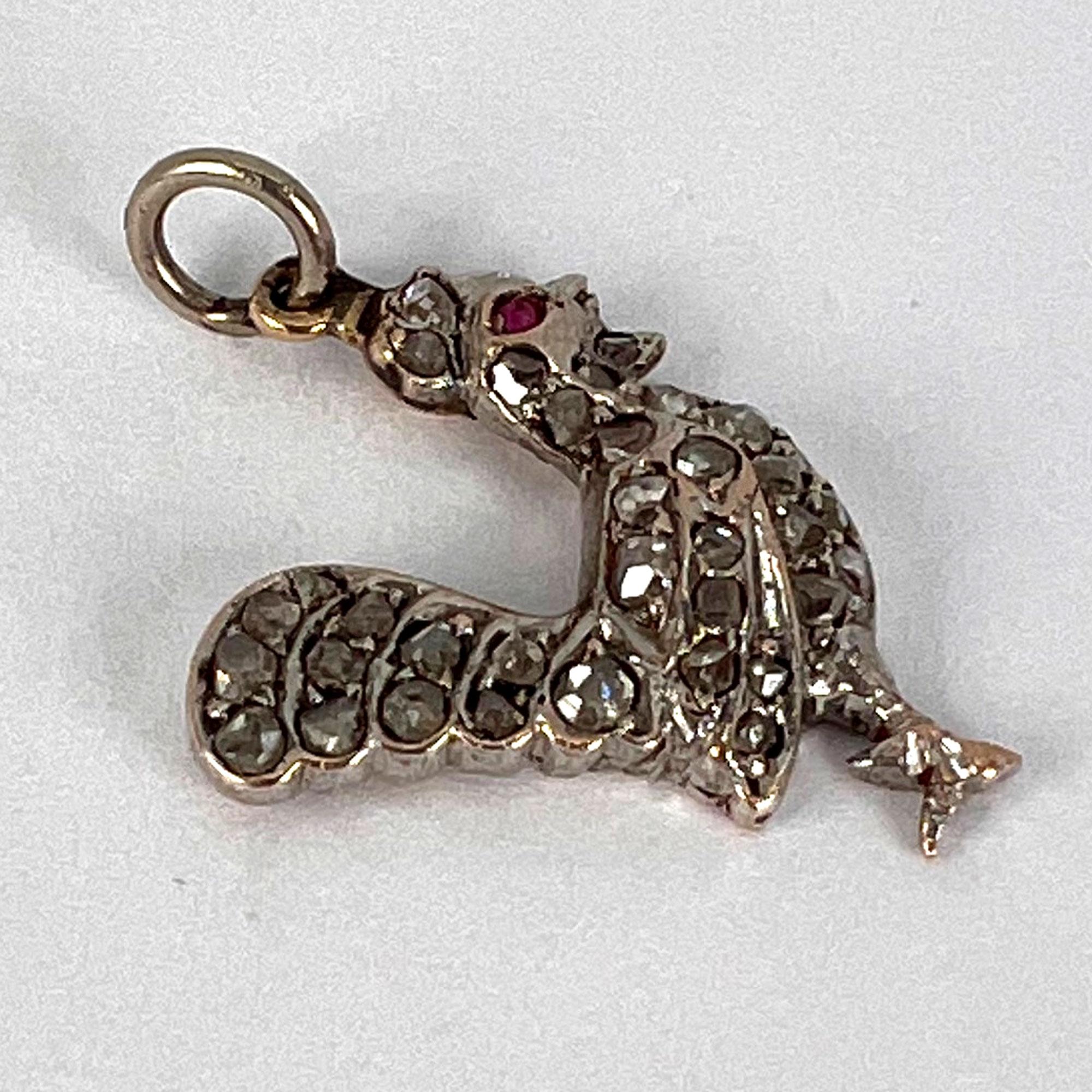 Antique 18K Rose Gold Silver Ruby Diamond Rooster Charm Pendant For Sale 4