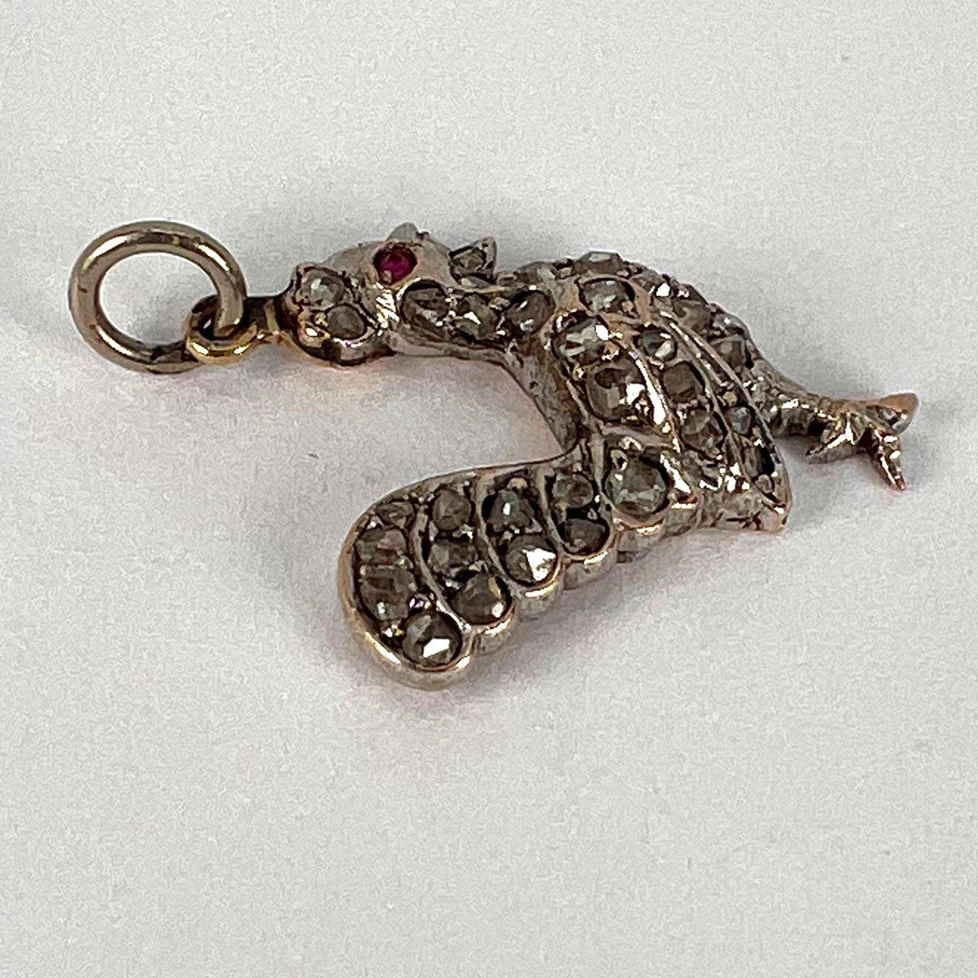 Antique 18K Rose Gold Silver Ruby Diamond Rooster Charm Pendant For Sale 5