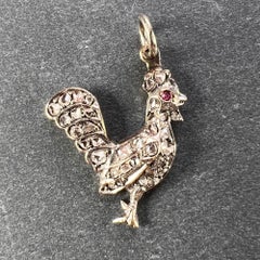 Antique 18K Rose Gold Silver Ruby Diamond Rooster Charm Pendant