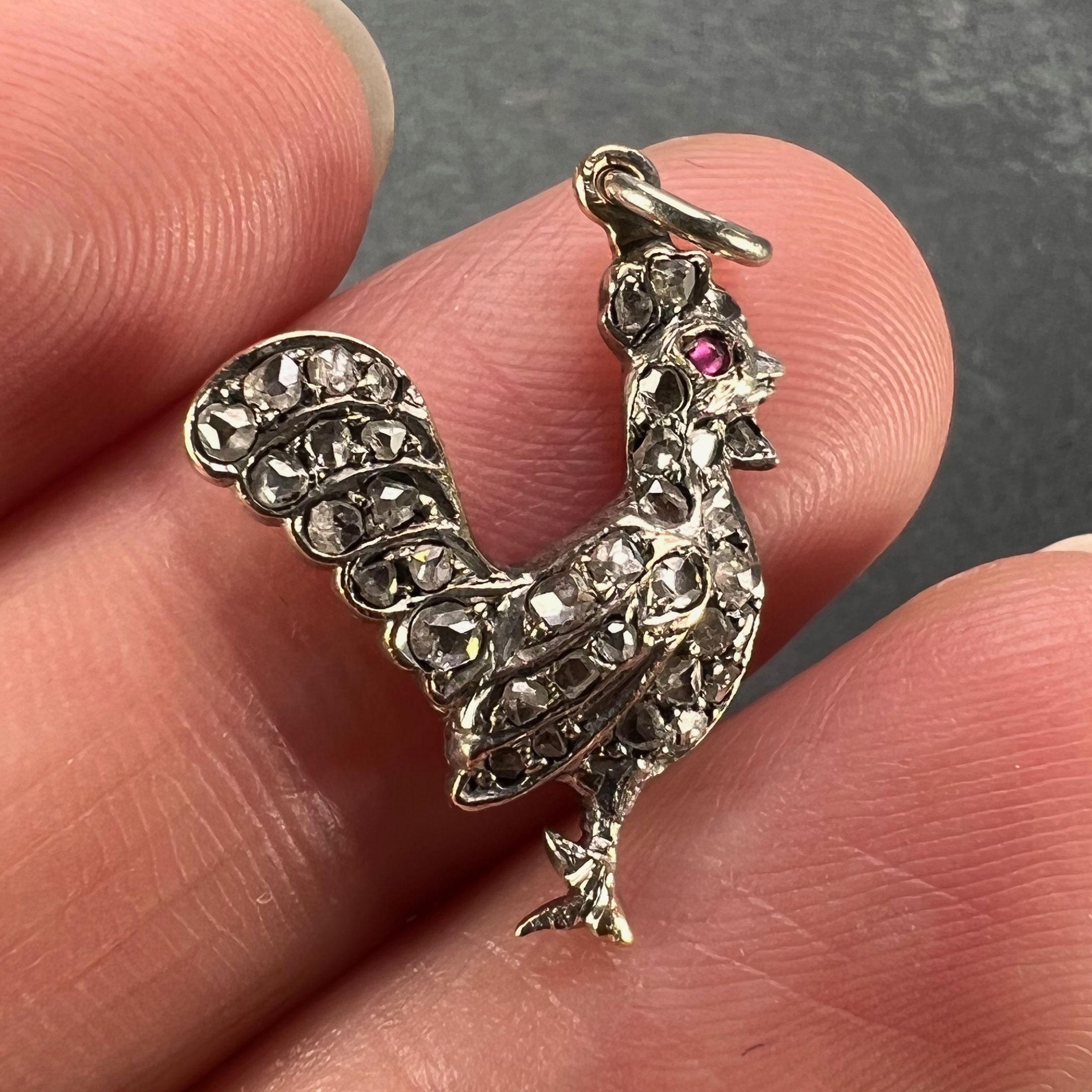 Victorian Antique 18K Rose Gold Silver Ruby Diamond Rooster Charm Pendant For Sale