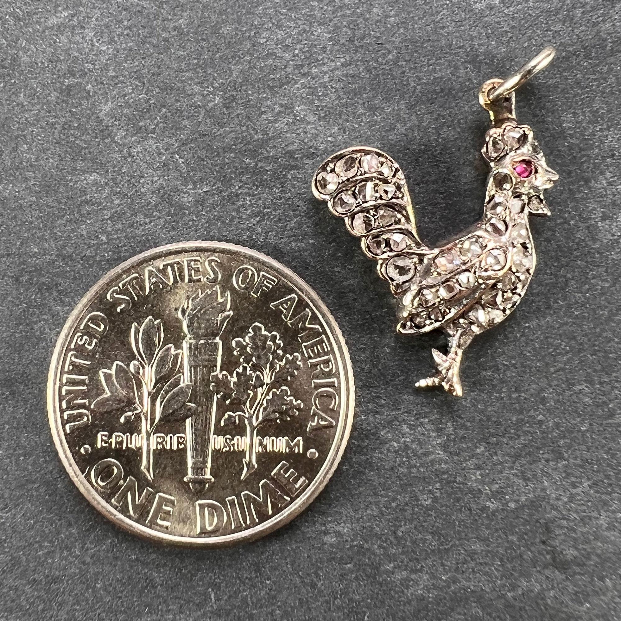 Women's or Men's Antique 18K Rose Gold Silver Ruby Diamond Rooster Charm Pendant For Sale