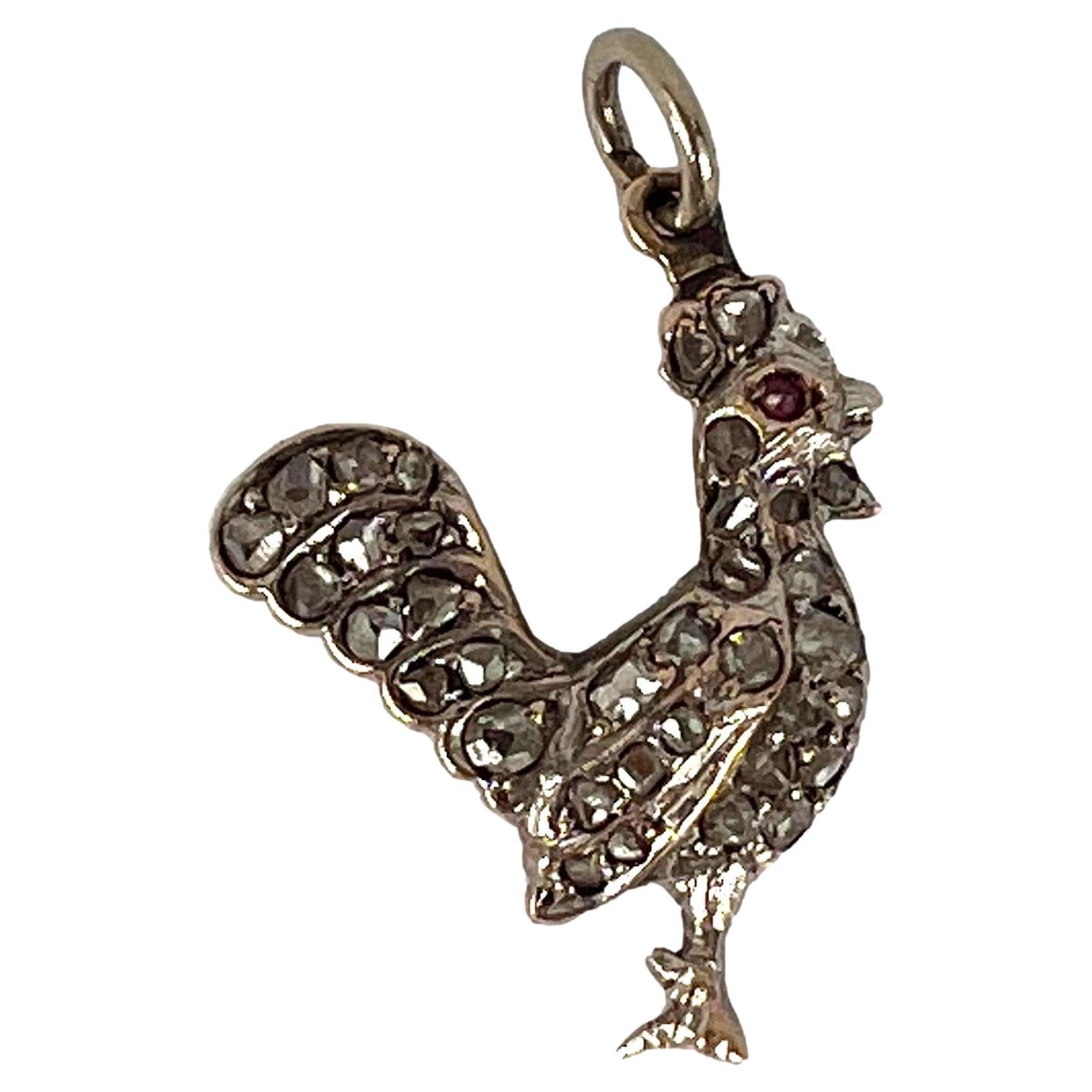 Antique 18K Rose Gold Silver Ruby Diamond Rooster Charm Pendant For Sale