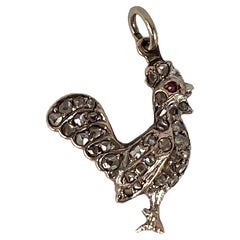 Antique 18K Rose Gold Silver Ruby Diamond Rooster Charm Pendant