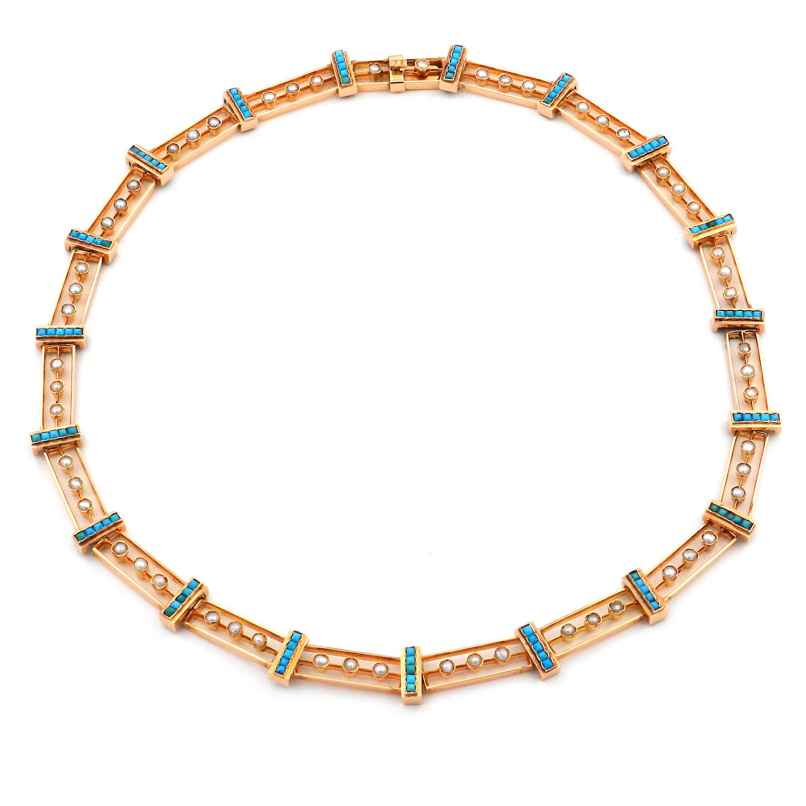 Antique 18K Gold Turquoise and Oriental Pearl Necklace, circa 1880

Decorative Etruscan Style gold necklace made of oblong, openwork links, movable mount and set with countless oriental pearls, the rod-shaped intermediate parts set with turquoise