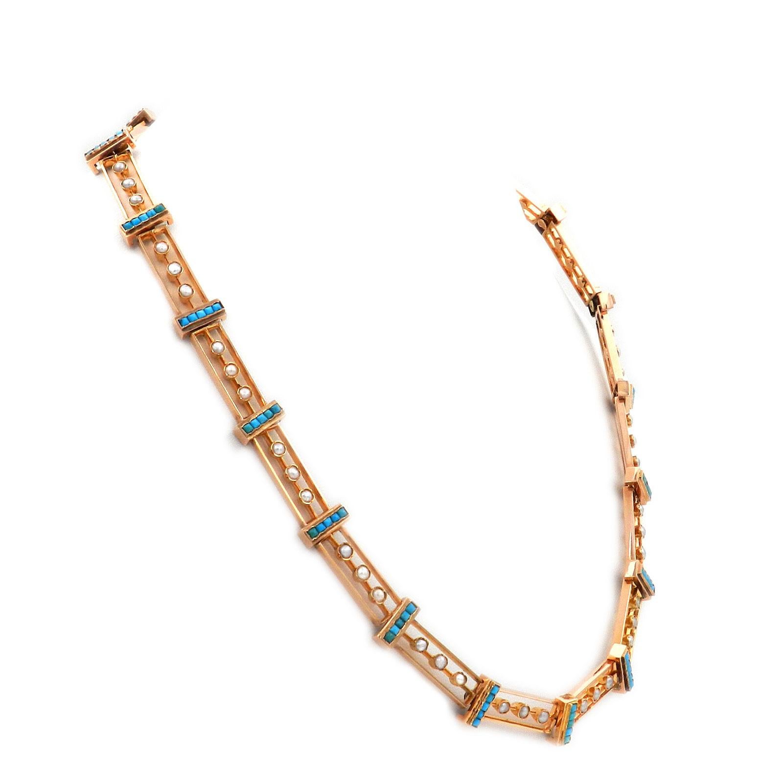 Etruscan Revival Antique 18 Karat Rose Gold Turquoise and Oriental Pearl Necklace, circa 1880 For Sale