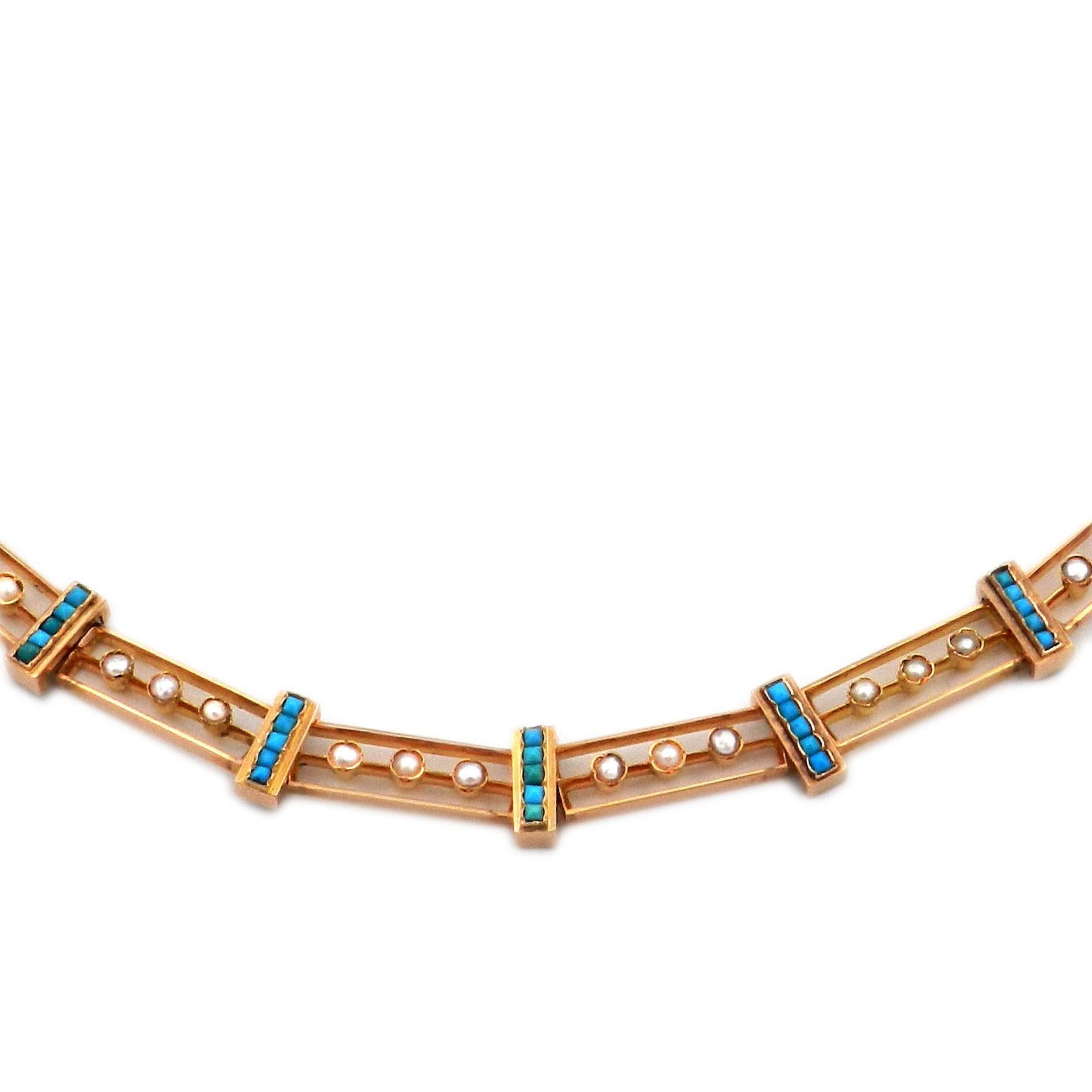 Square Cut Antique 18 Karat Rose Gold Turquoise and Oriental Pearl Necklace, circa 1880 For Sale