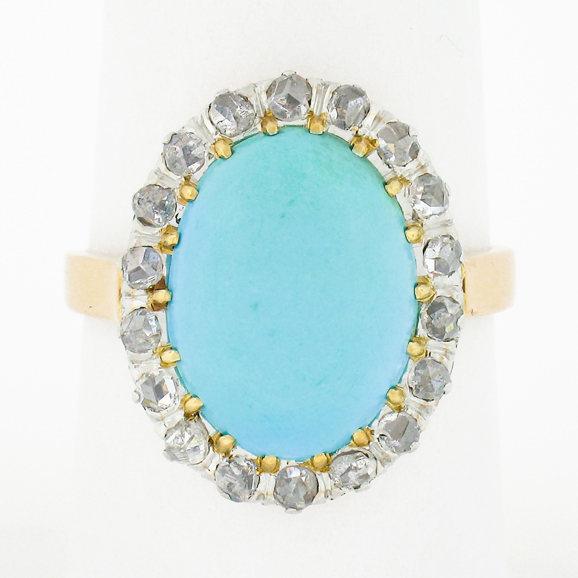 Here we have a very lovely antique turquoise and diamond ring that was crafted in solid 18k gold with a platinum top during the Victorian era. It features a fine, Persian, oval cabochon cut turquoise stone neatly set at its center. The natural stone