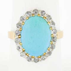 Antique 18k Rosy Gold Platinum Oval Cabochon Persian Turquoise Diamond Halo Ring