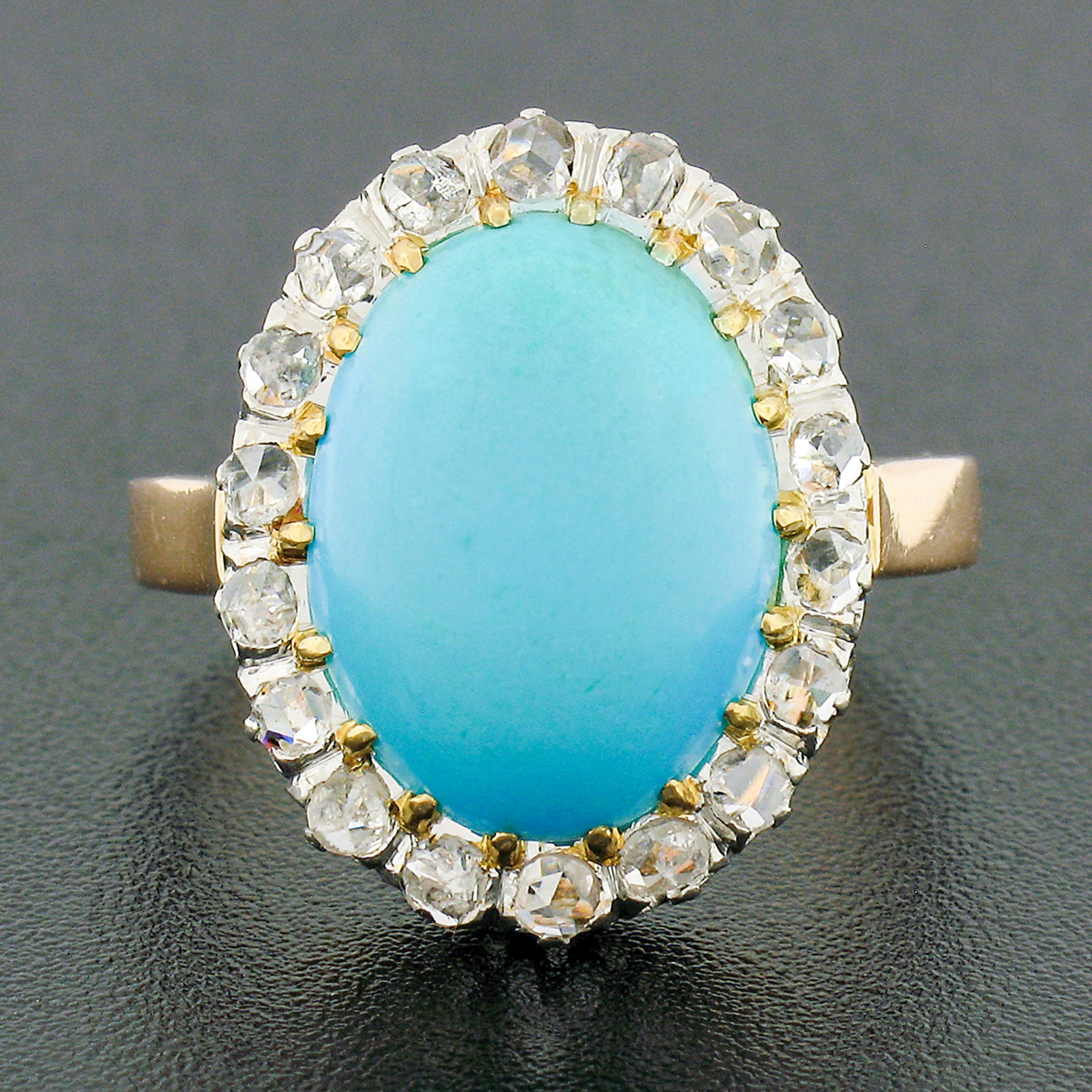 Victorian Antique 18k Rosy Gold Platinum Oval Cabochon Persian Turquoise Diamond Halo Ring For Sale