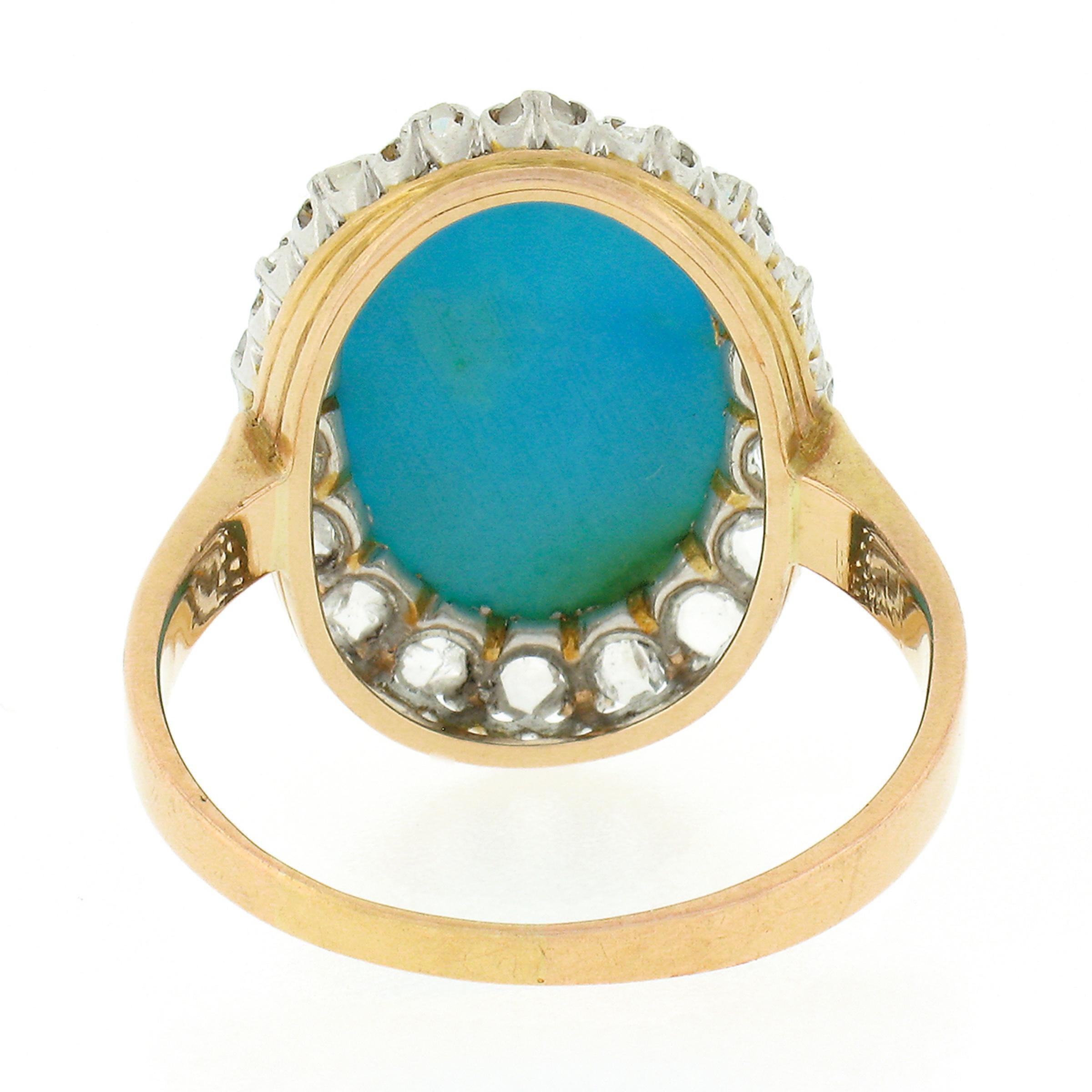 Antique 18k Rosy Gold Platinum Oval Cabochon Persian Turquoise Diamond Halo Ring For Sale 1