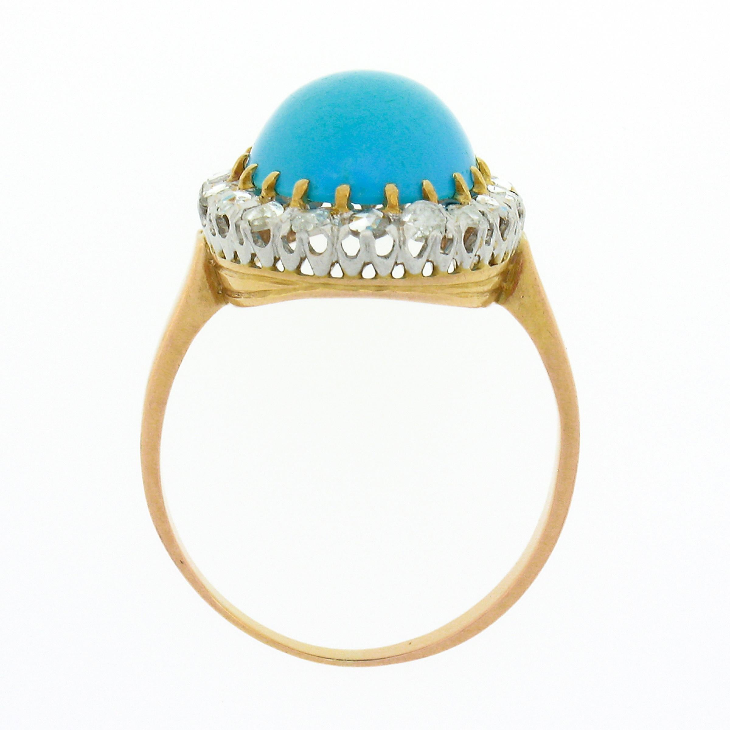 Bague ancienne en or rose 18 carats et platine avec cabochon ovale en turquoise persane et halo de diamants en vente 2