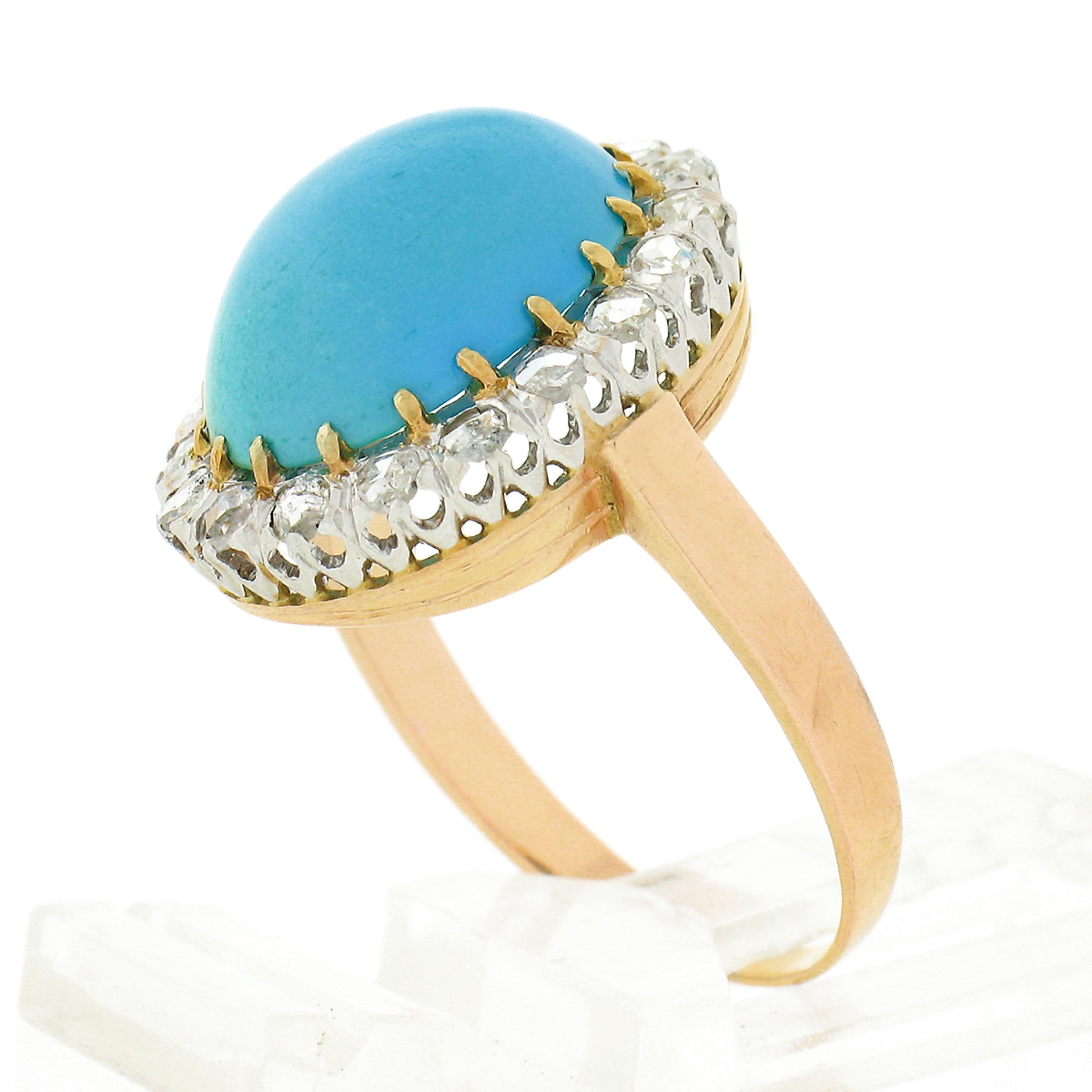 Bague ancienne en or rose 18 carats et platine avec cabochon ovale en turquoise persane et halo de diamants en vente 3