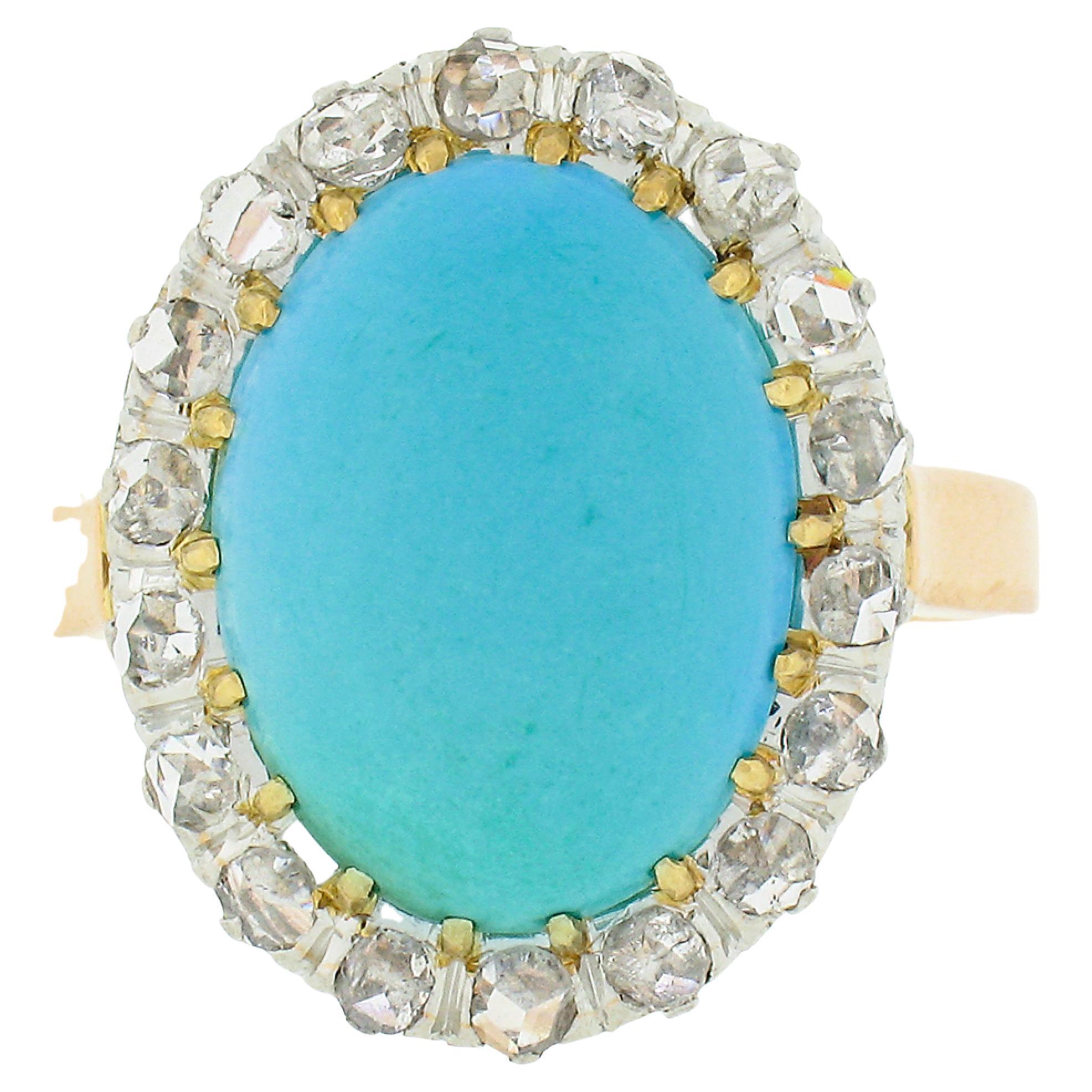 Antique 18k Rosy Gold Platinum Oval Cabochon Persian Turquoise Diamond Halo Ring For Sale