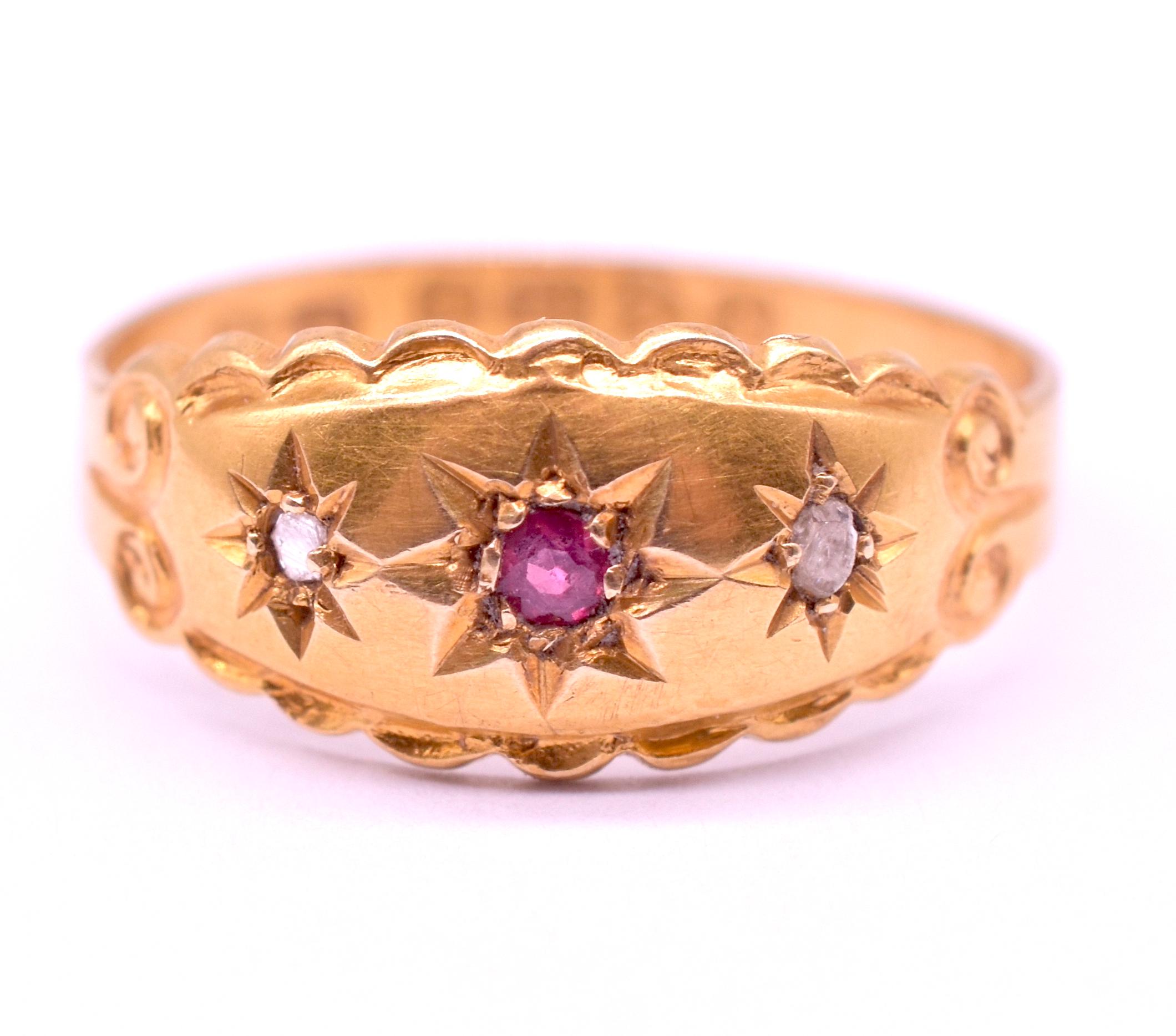 18K Star Ruby and Diamond Flush Mount Ring with Scalloped Gold Band, HM 1913 1