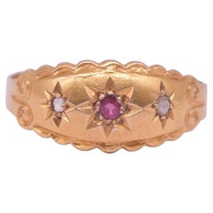 Antique 18K Ruby and Diamond Gypsy Ring with Scalloped Gold Band, HM 1913