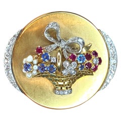 Antique 18K Ruby Sapphire and Diamond Flower Basket Brooch