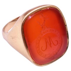 Antique 18K Scottish Carnelian Signet Ring with "McPherson"Coat of Arms Intaglio