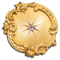 Antique 18K solid Gold Art Nouveau Floral Repoussé Brooch - rose cut diamond