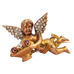 Antique 18K solid Gold Cherub Brooch – Victorian angel pin with natural diamonds