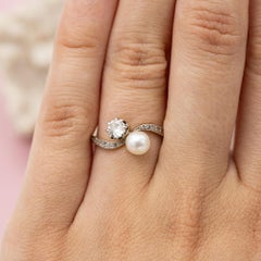 Antique 18k solid gold engagement ring - Natural diamond & pearl - Edwardian