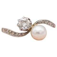 Antique 18k solid gold engagement ring - Natural diamond & pearl - Edwardian
