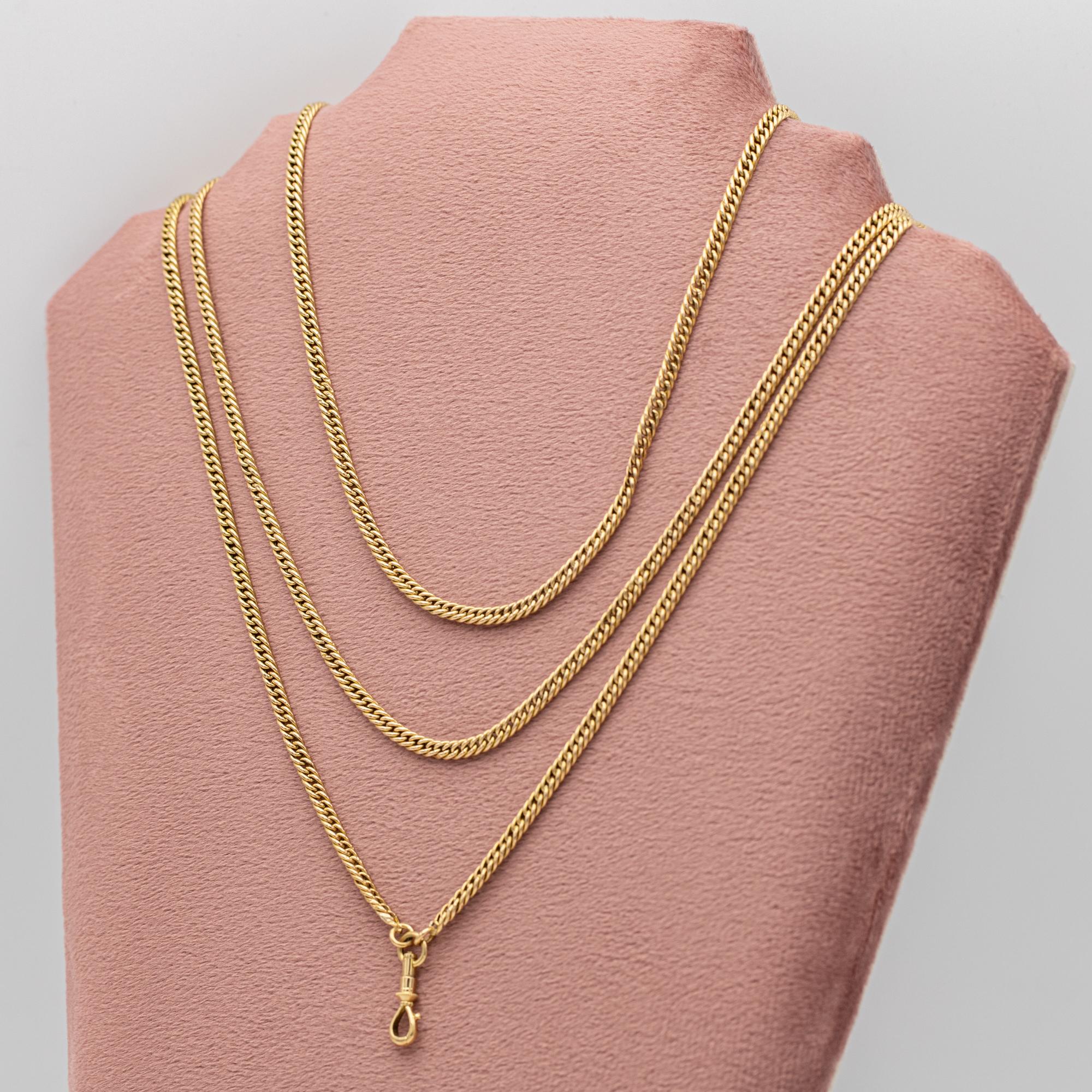 Victorien Sautoir ancien en or massif 18 carats - collier de longue garde - chaîne à boucle creuse - 150 cm